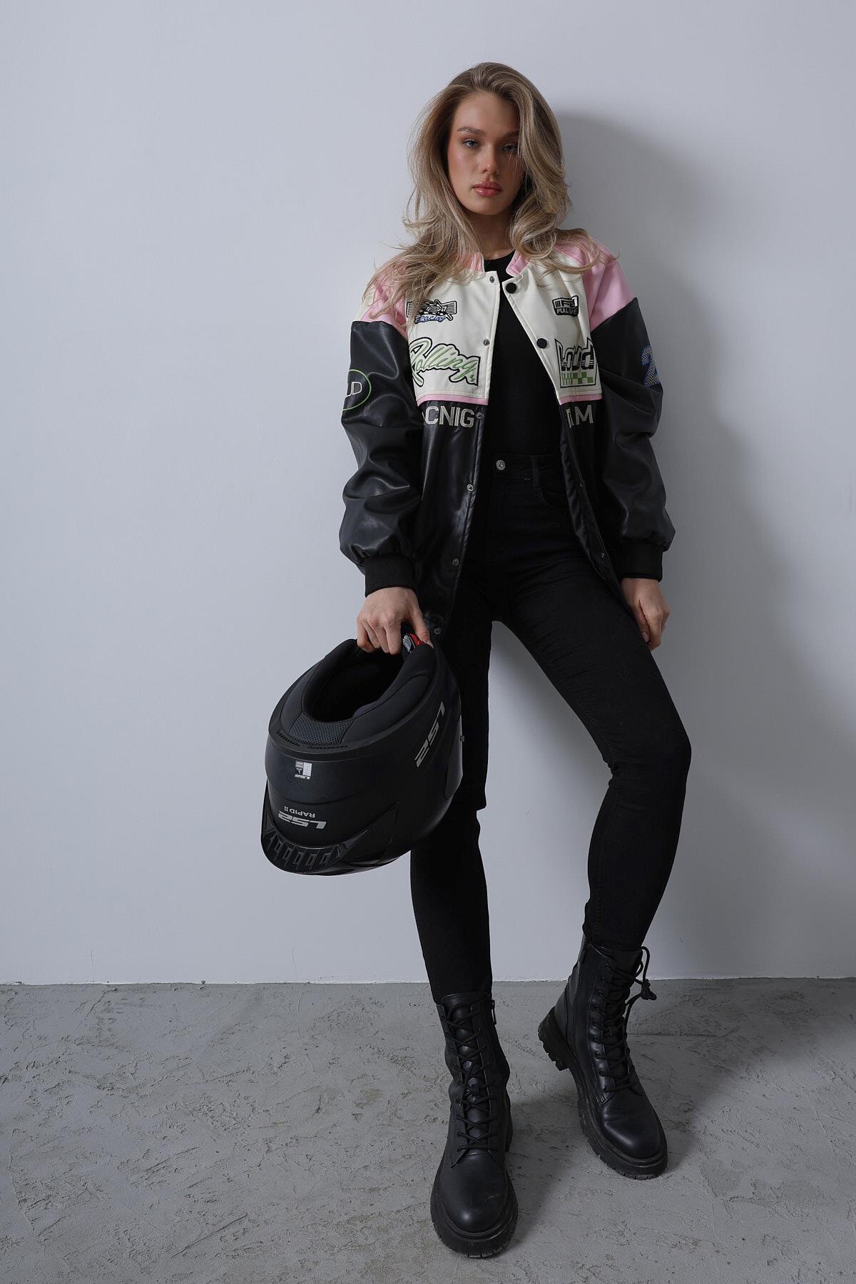 Siyah Ekru  Çıtçıt Kapamalı Oversize Biker Ceket