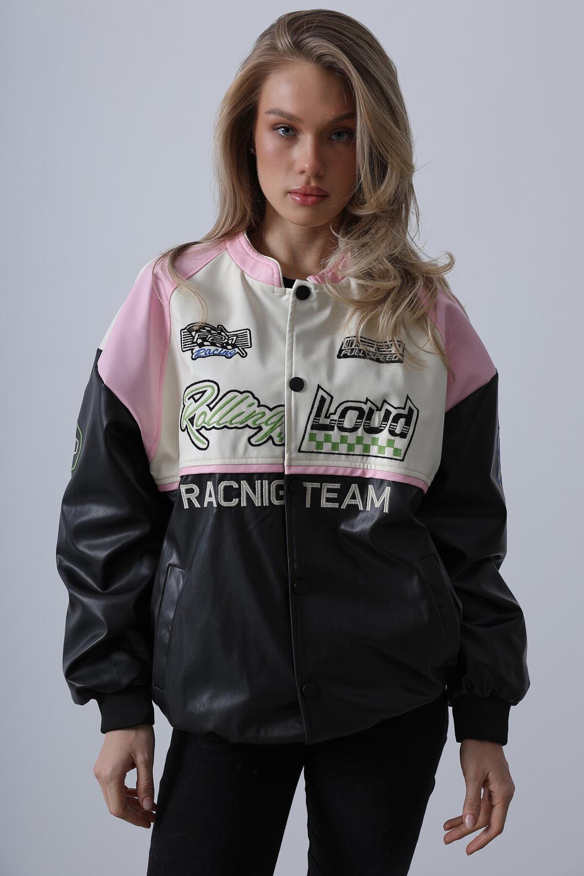 Siyah Ekru  Çıtçıt Kapamalı Oversize Biker Ceket