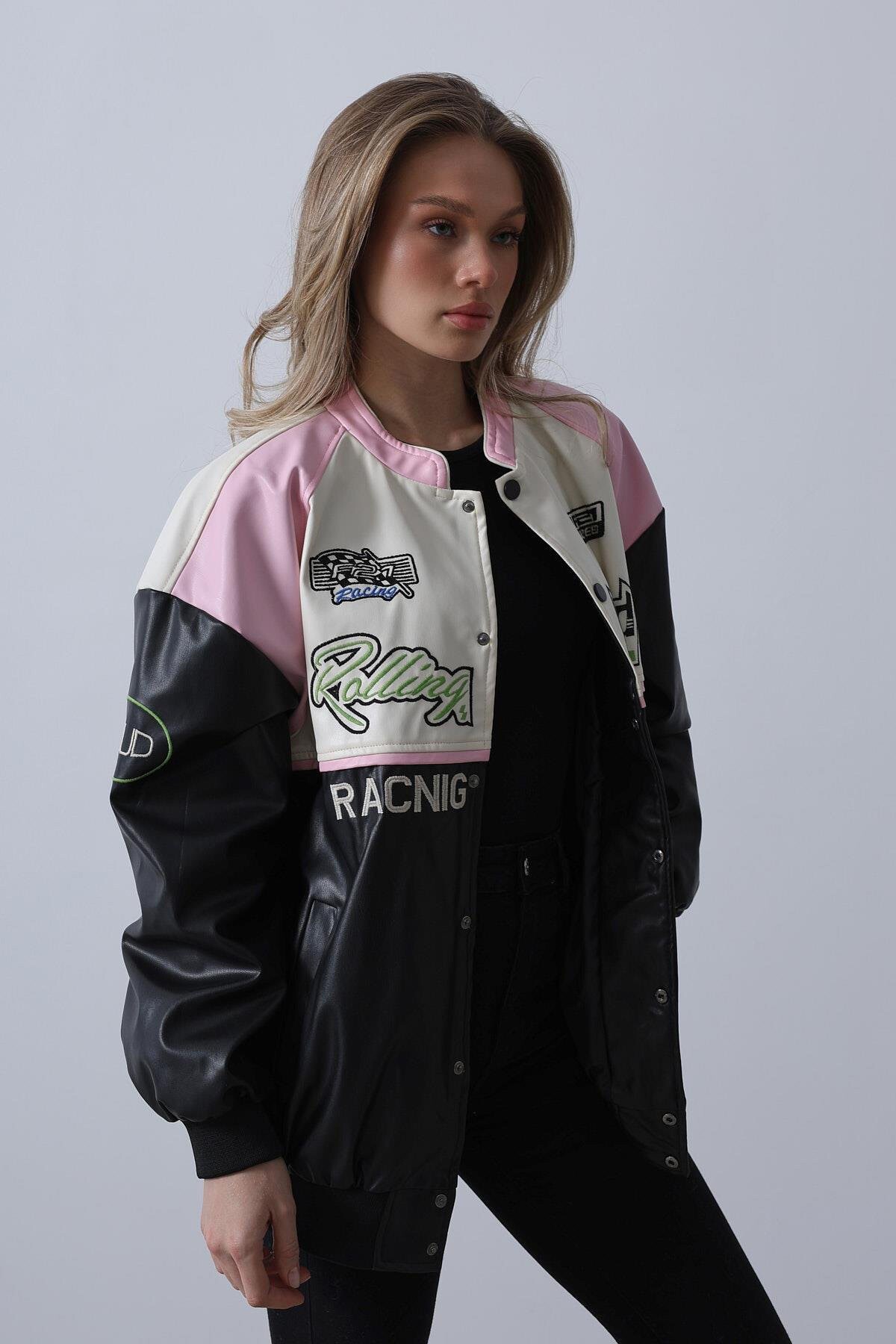 Siyah Ekru  Çıtçıt Kapamalı Oversize Biker Ceket