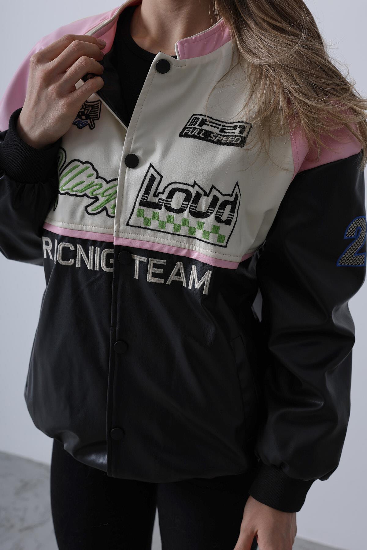 Siyah Ekru  Çıtçıt Kapamalı Oversize Biker Ceket