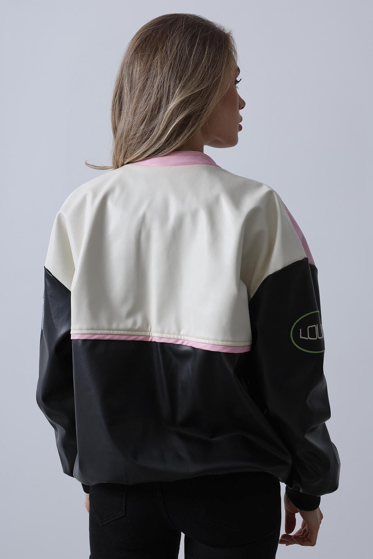 Siyah Ekru  Çıtçıt Kapamalı Oversize Biker Ceket