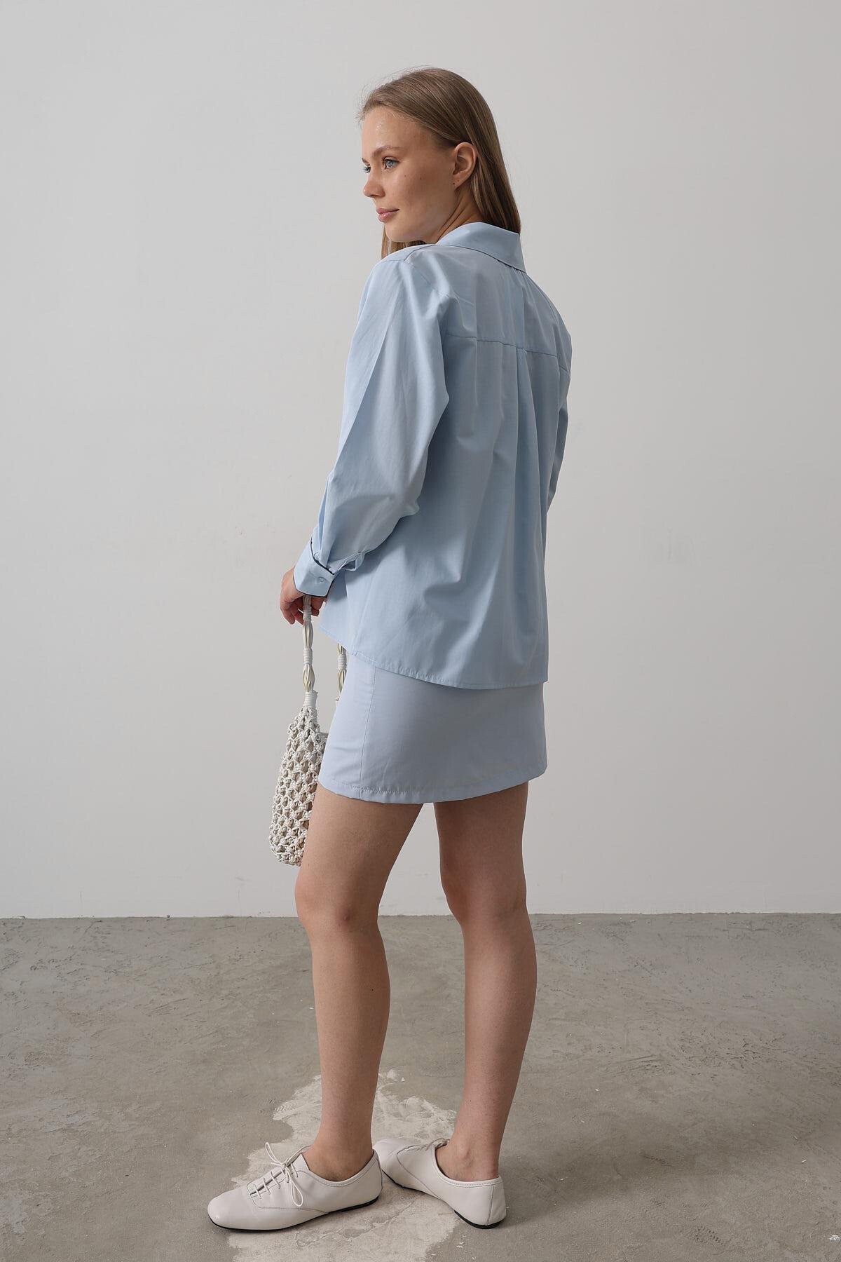 Bebe Mavisi Gizli Pat Gömlek Ve Asimetrik Kesim Etek Nakışlı Takım