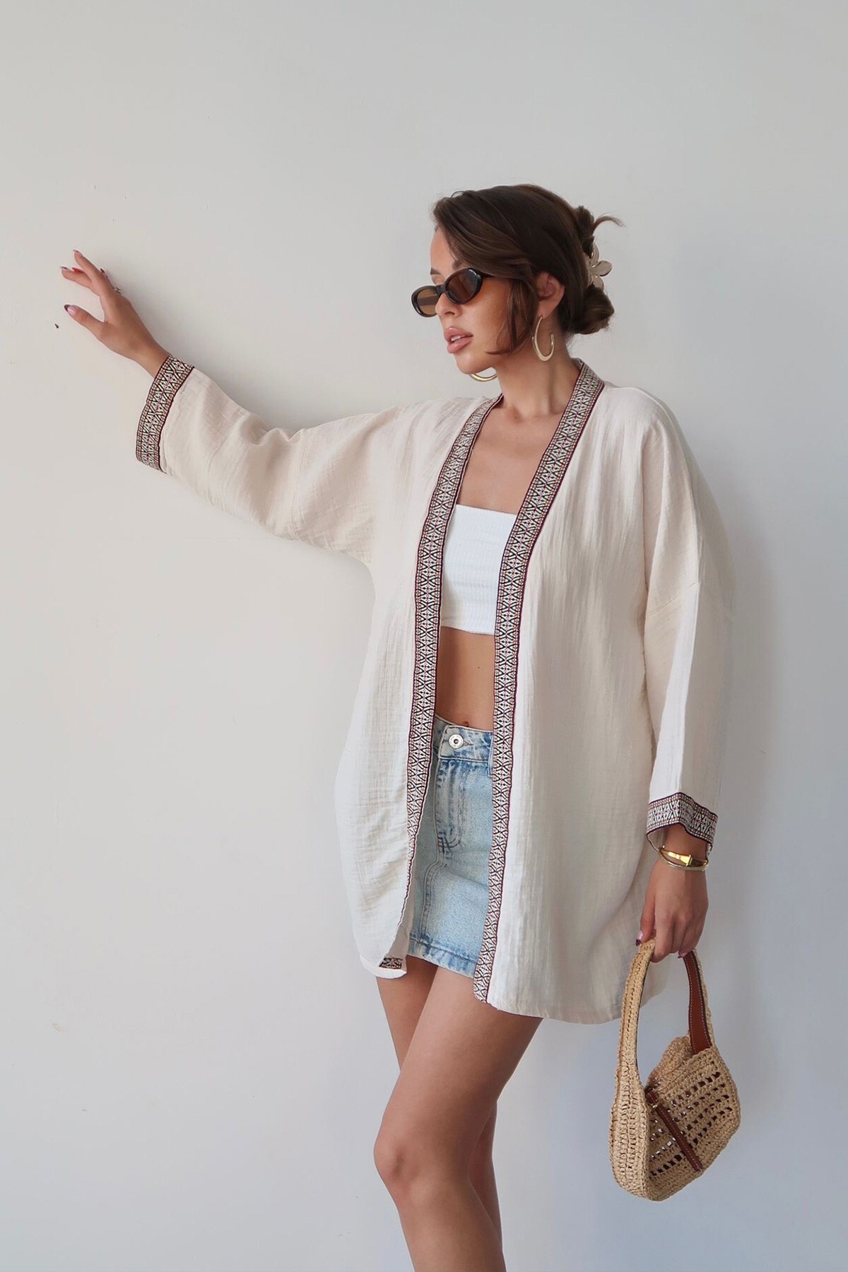 Krem Nakış Detaylı Keten Kimono