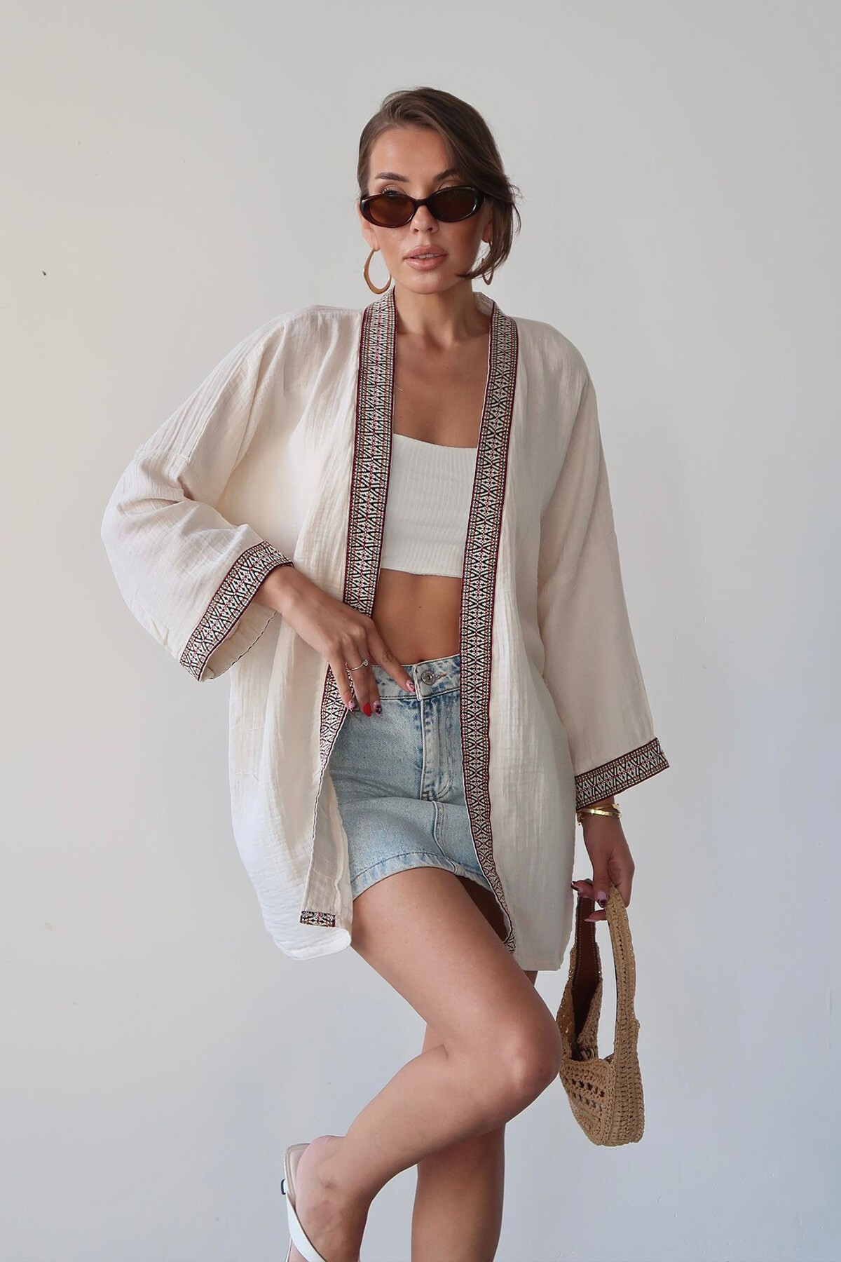 Krem Nakış Detaylı Keten Kimono