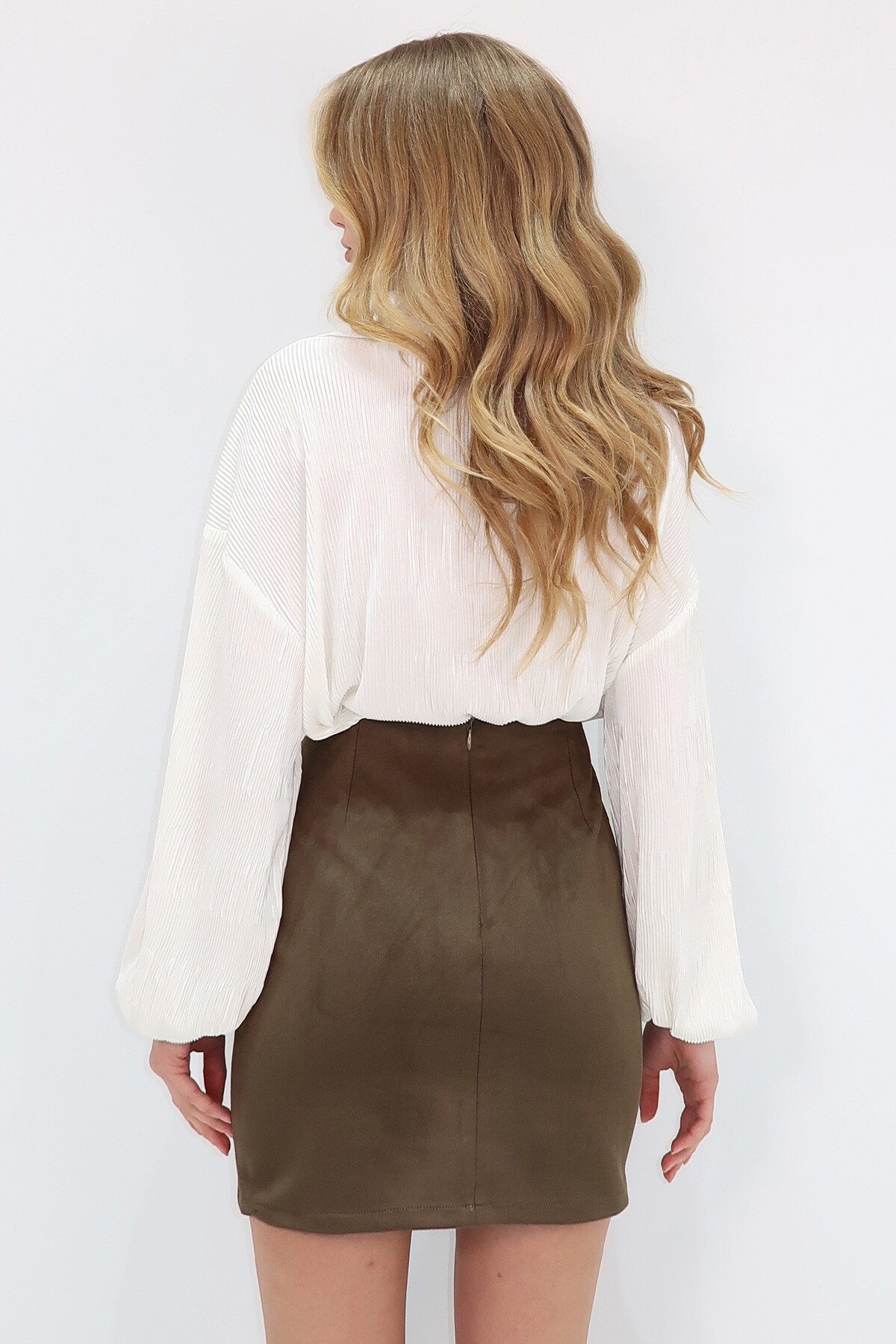 Haki Nervür Dikişli Süet Mini Etek