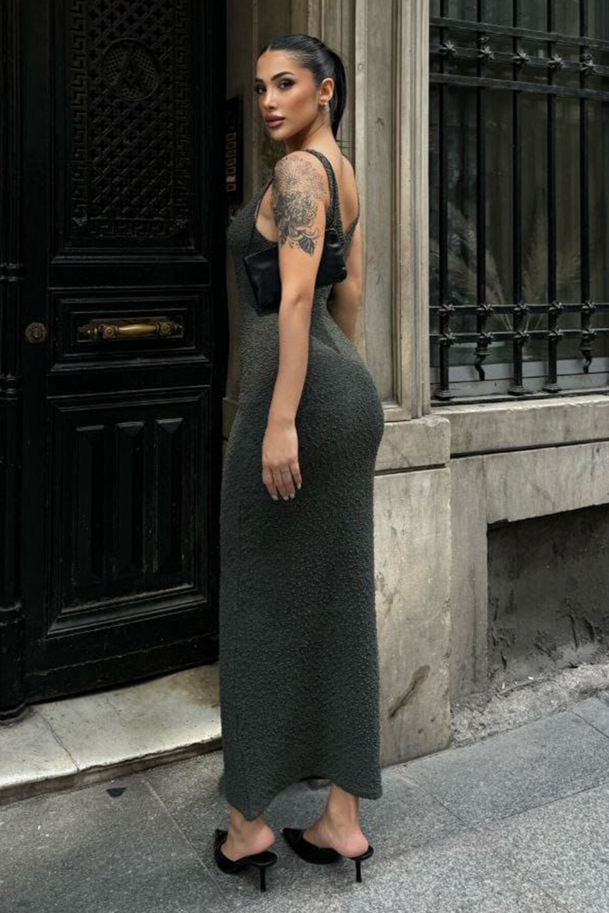 Antrasit Ön Arka V Yaka Askılı Maxi Boy Elbise