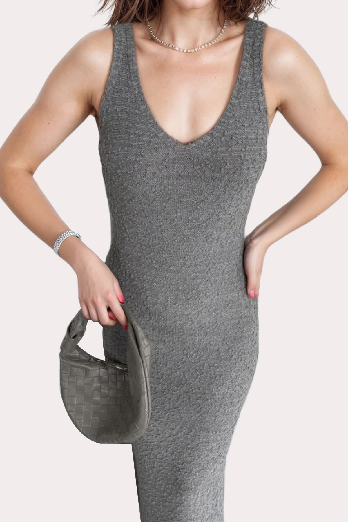 Gri Ön Arka V Yaka Askılı Maxi Boy Elbise