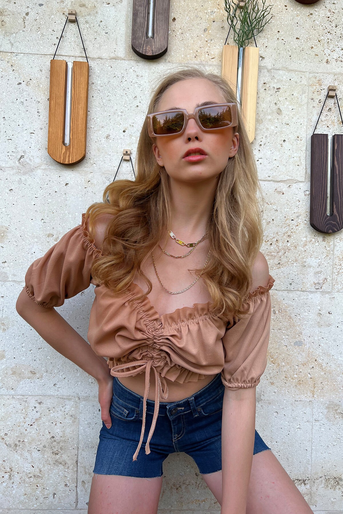 Bisküvi Önü Büzgü Bağlamalı Balon Kol Crop Bluz