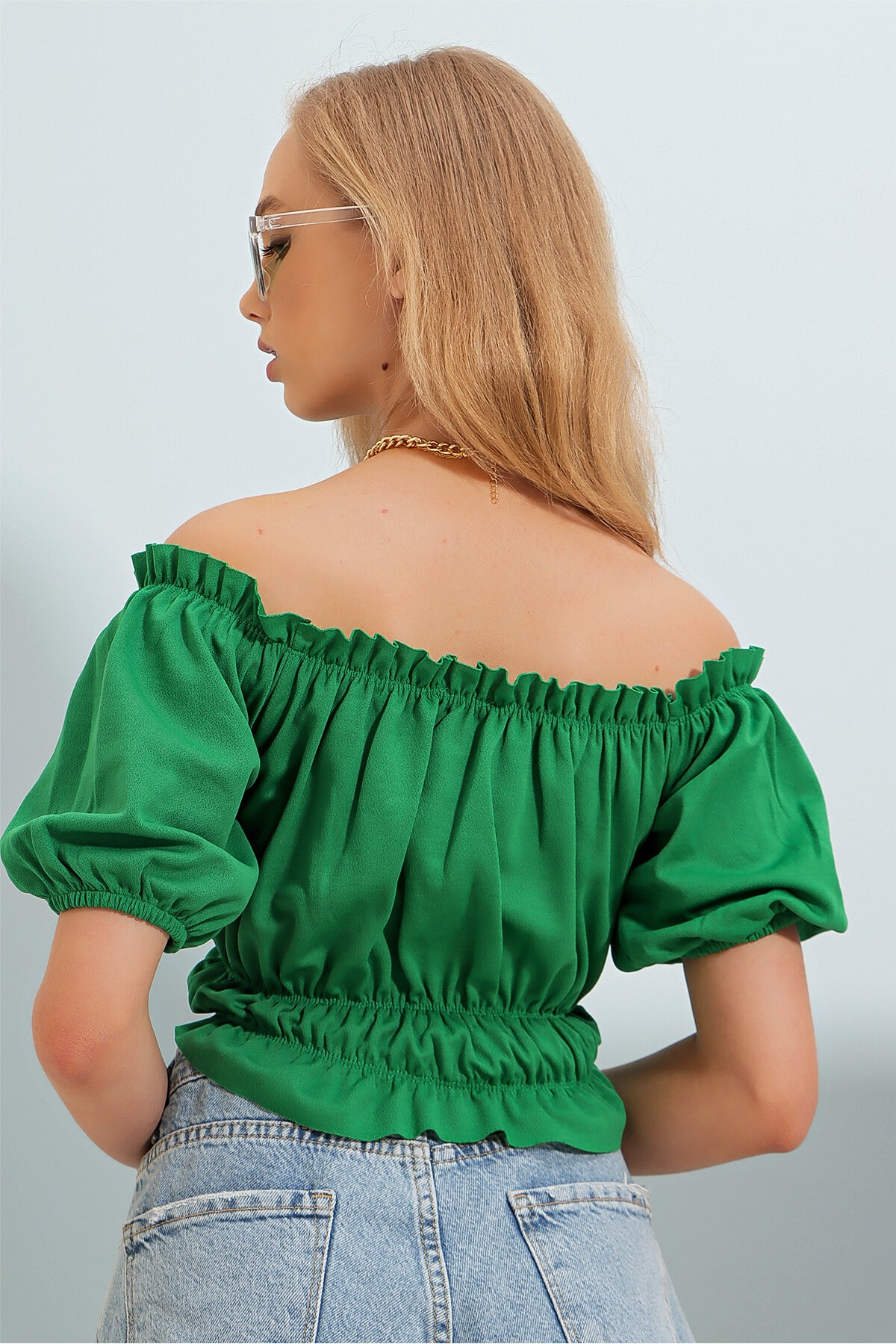 Yeşil Önü Büzgü Bağlamalı Balon Kol Crop Bluz
