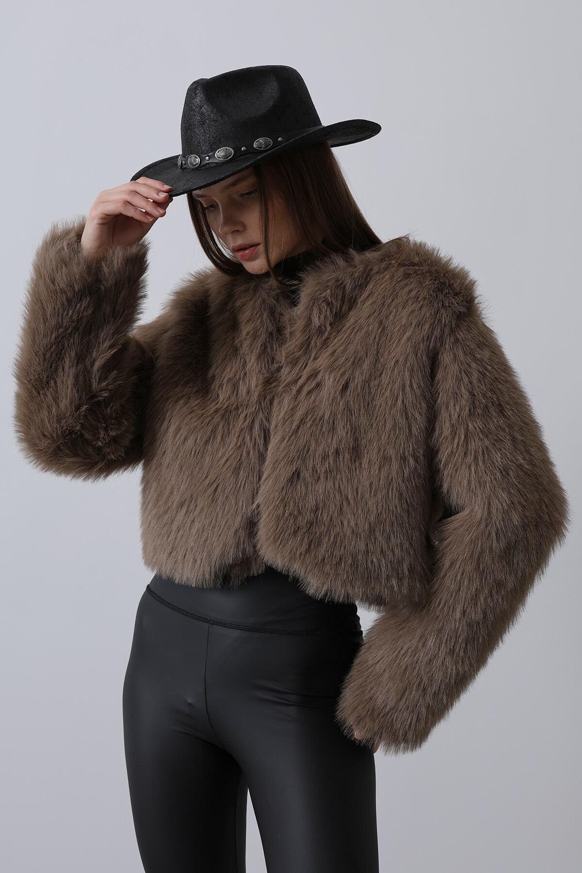 Kahve Tüylü Crop Peluş Kürk