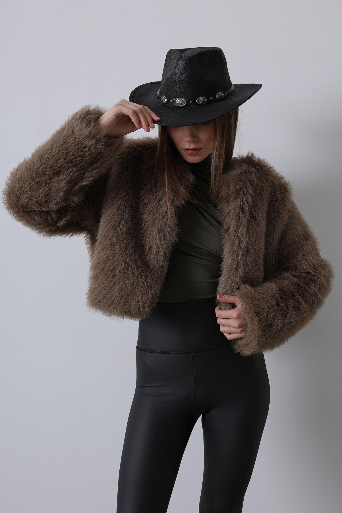 Kahve Tüylü Crop Peluş Kürk