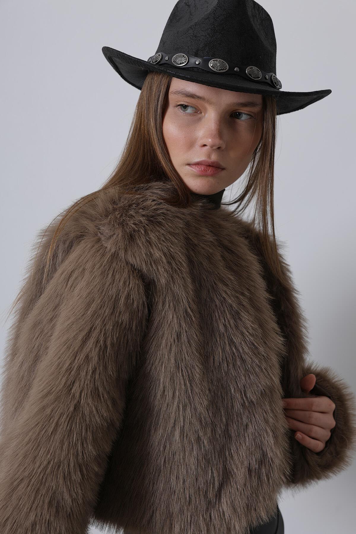 Kahve Tüylü Crop Peluş Kürk