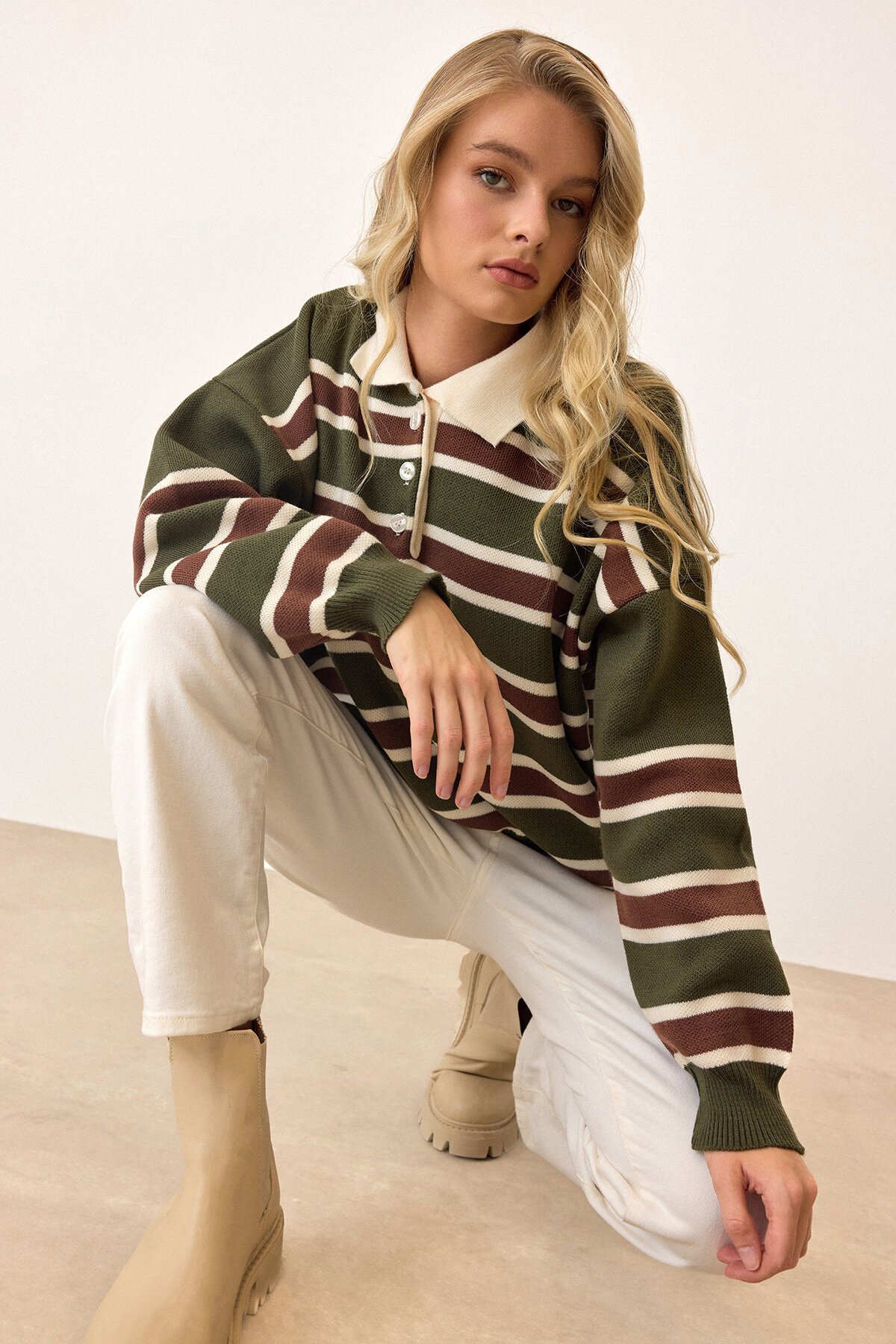 Yeşil Polo Yaka Düğmeli Triko Kazak