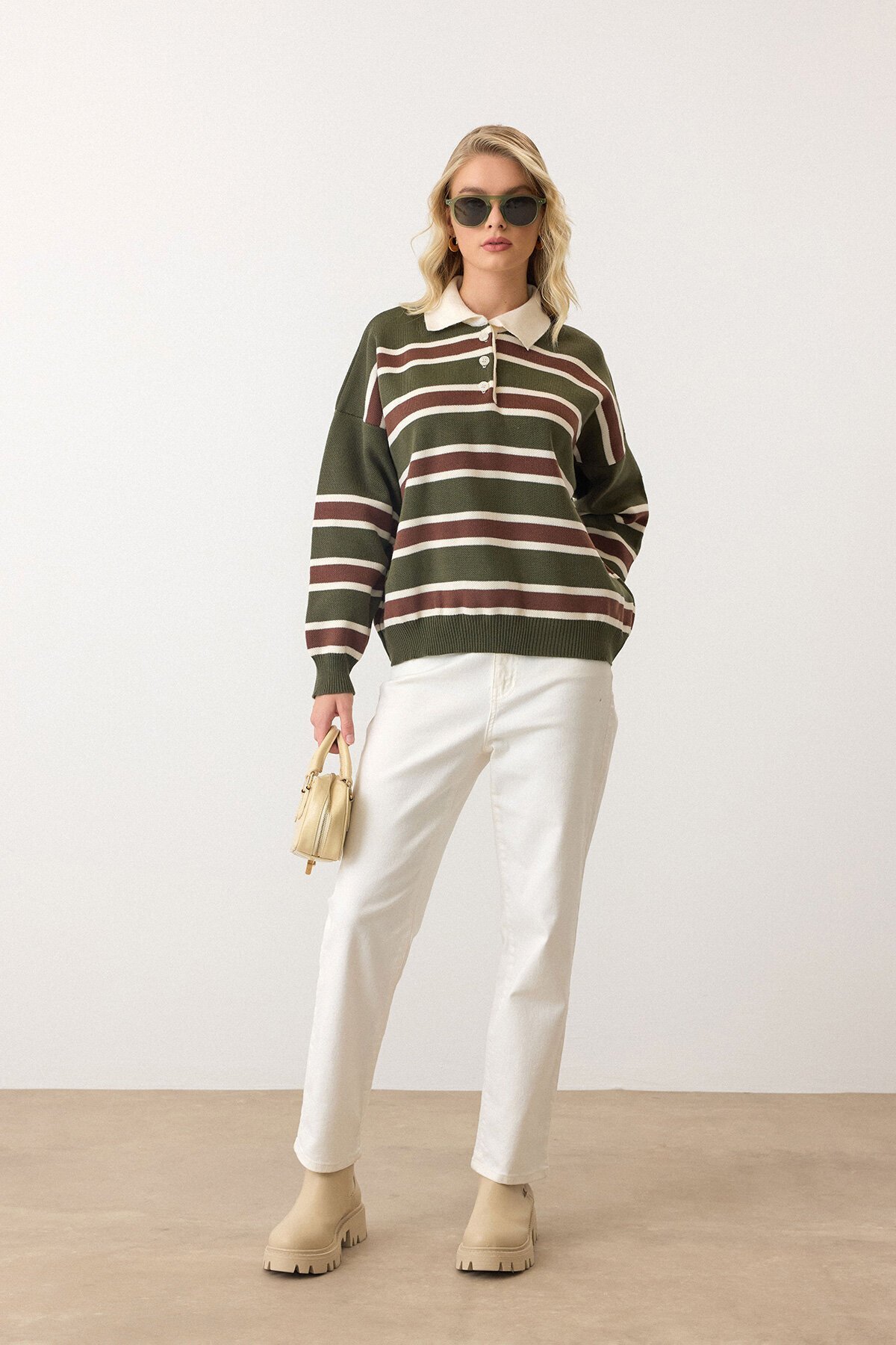 Yeşil Polo Yaka Düğmeli Triko Kazak