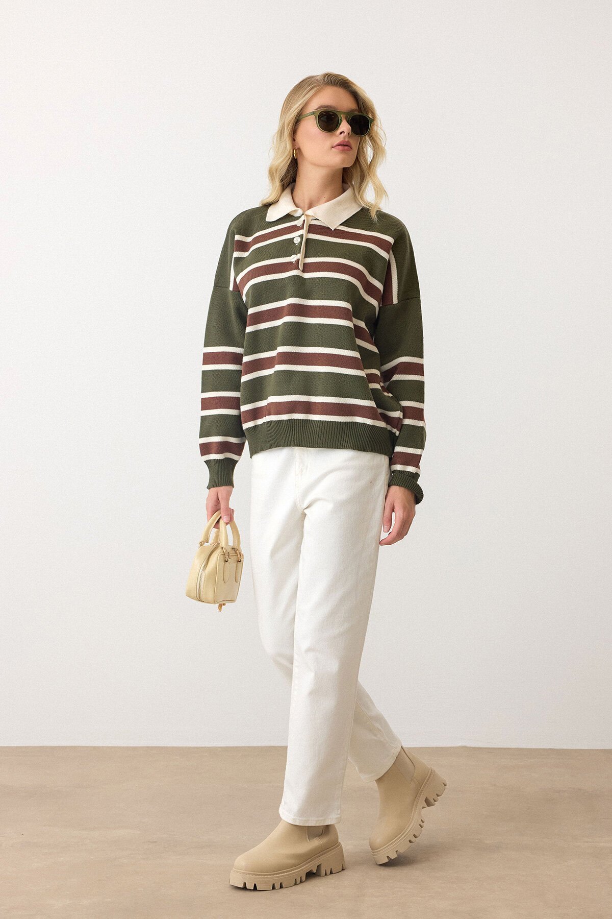 Yeşil Polo Yaka Düğmeli Triko Kazak