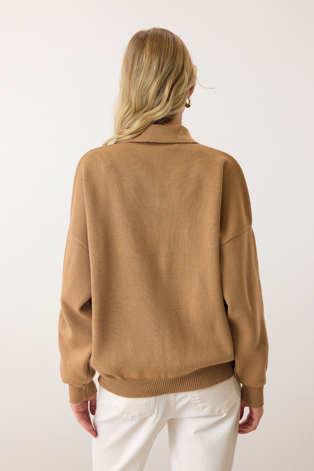 Camel Polo Yaka Düğmeli Triko Kazak