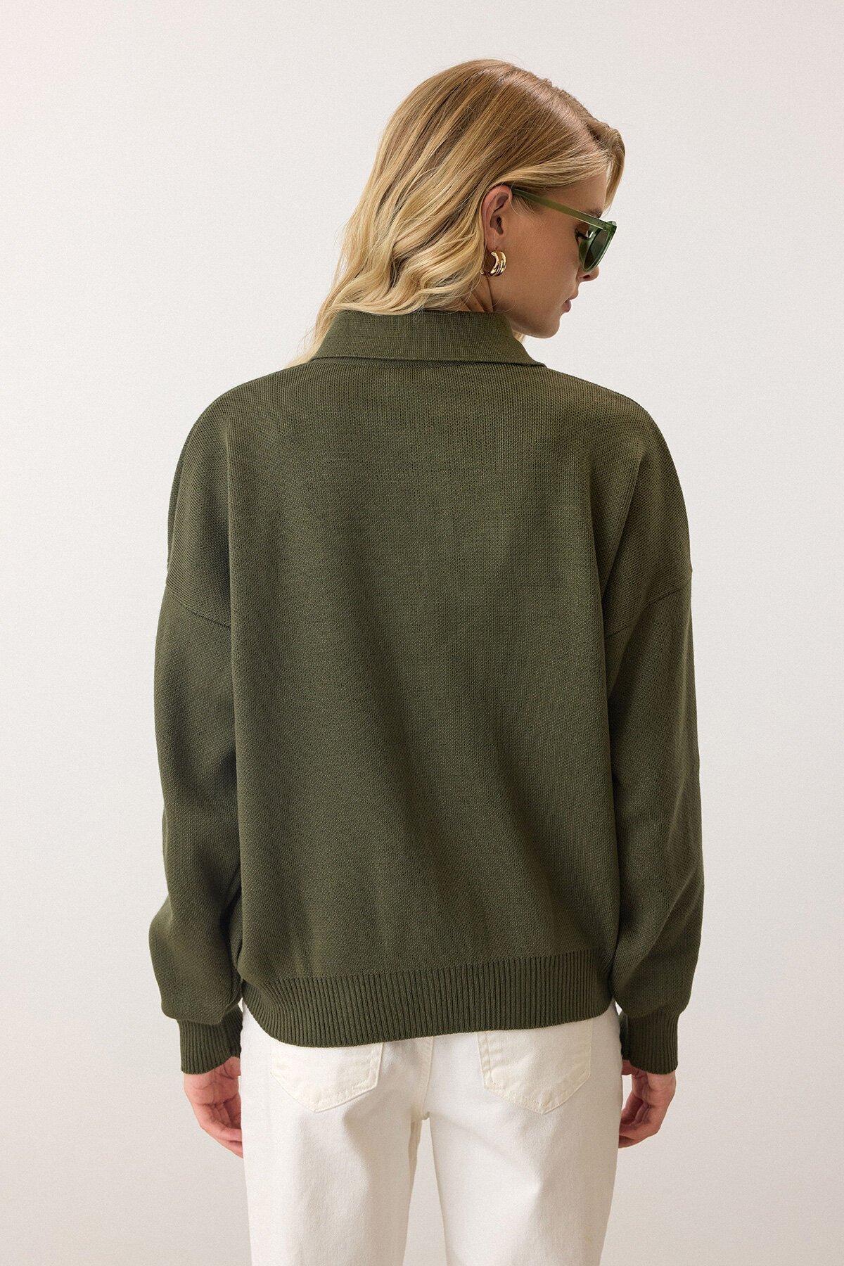 Haki Polo Yaka Düğmeli Triko Kazak