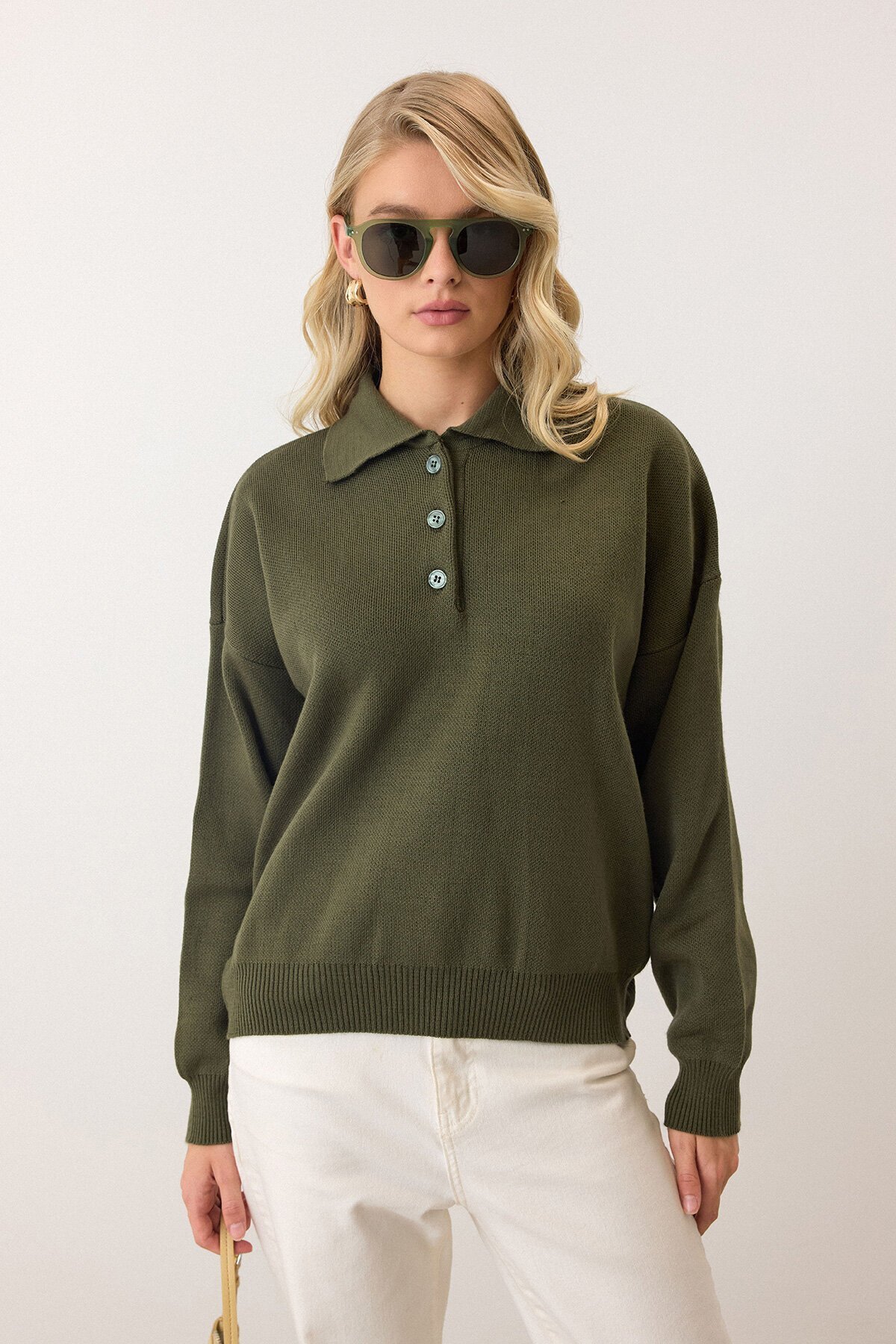 Haki Polo Yaka Düğmeli Triko Kazak
