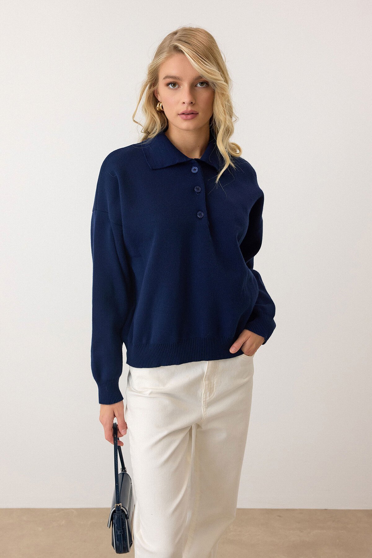 Lacivert Polo Yaka Düğmeli Triko Kazak