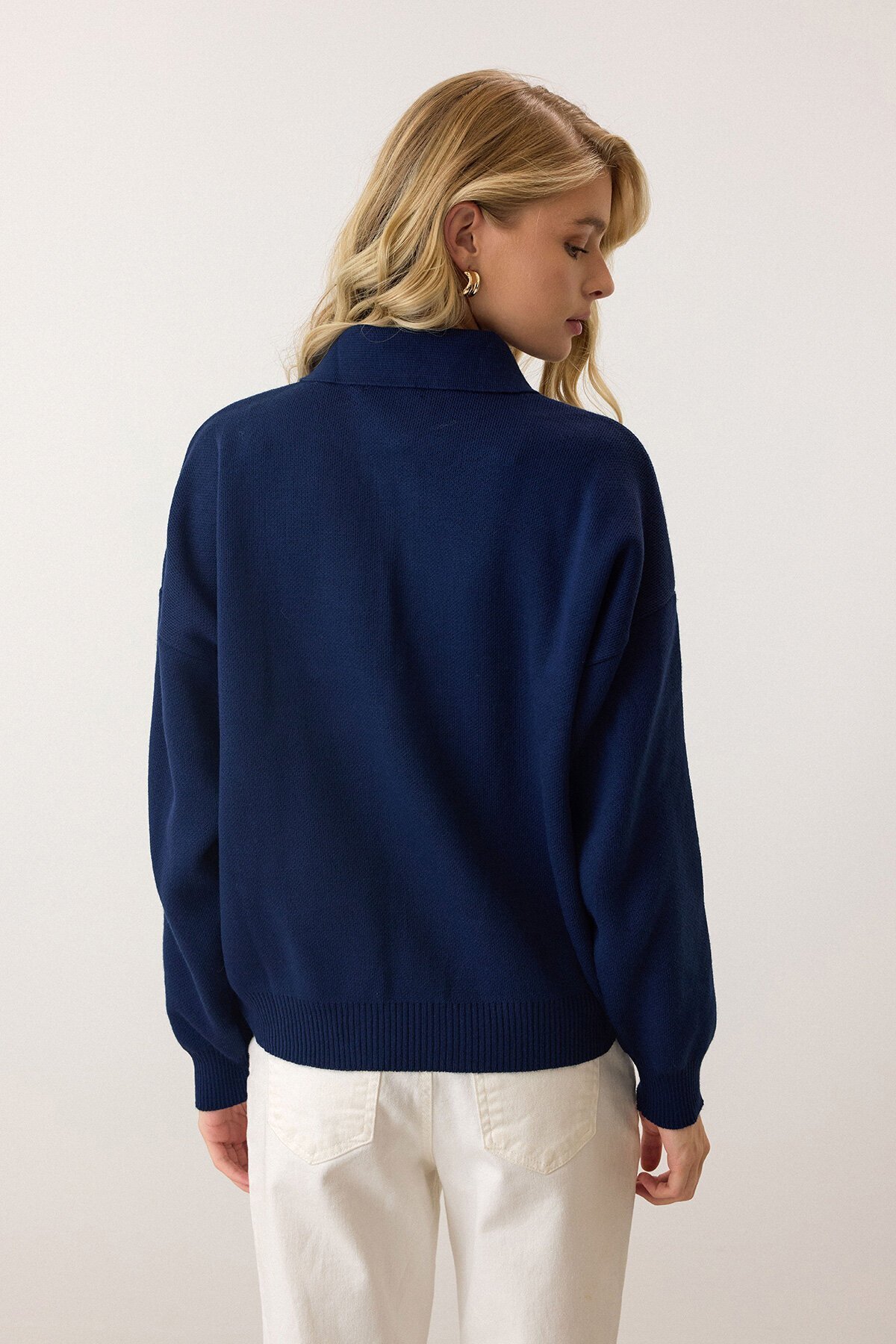 Lacivert Polo Yaka Düğmeli Triko Kazak