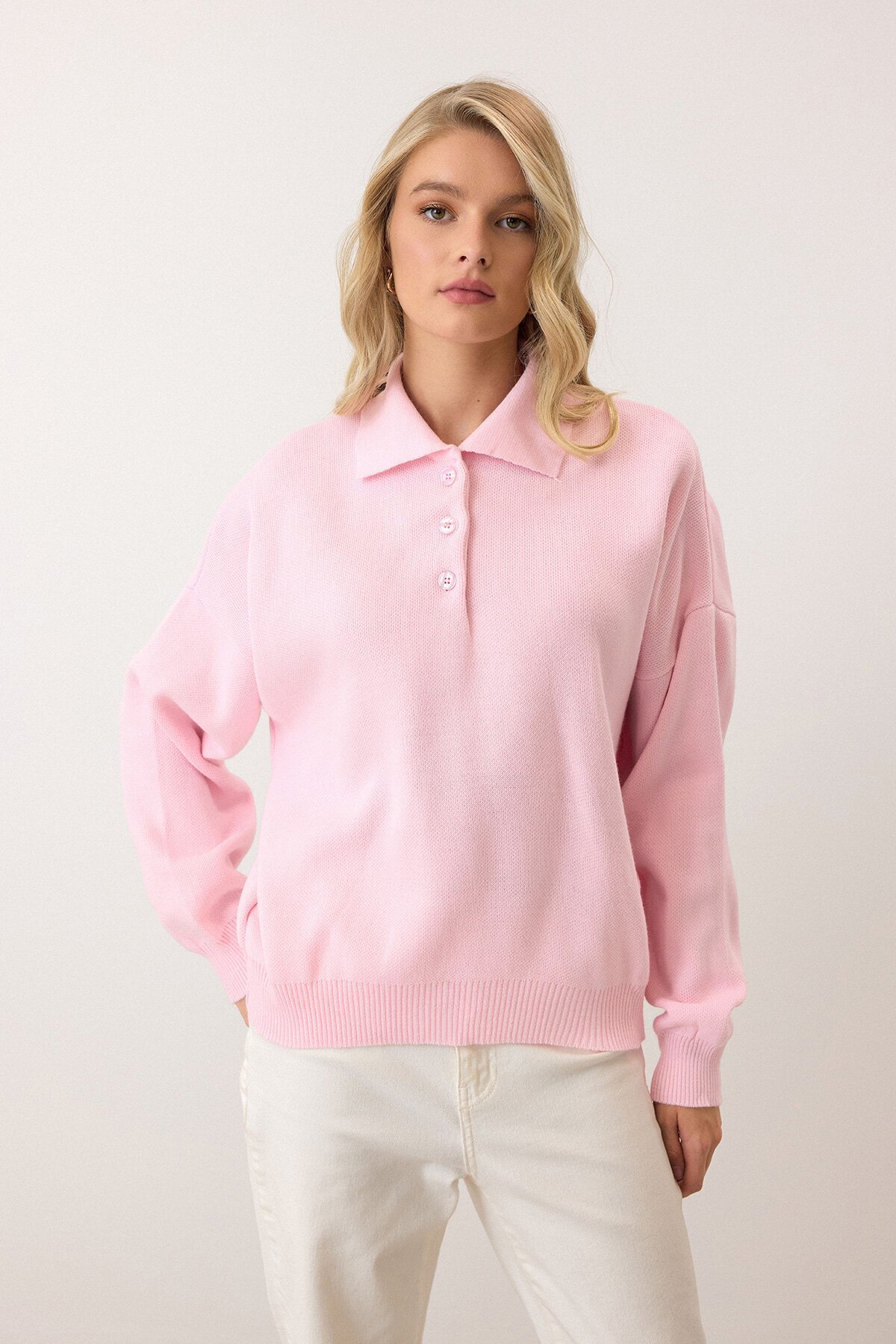 Pembe Polo Yaka Düğmeli Triko Kazak