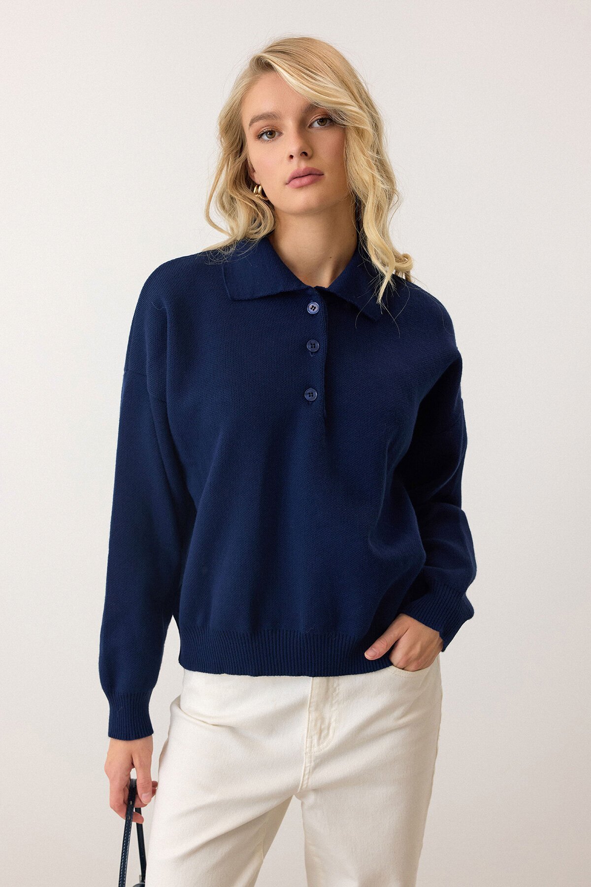 Lacivert Polo Yaka Düğmeli Triko Kazak
