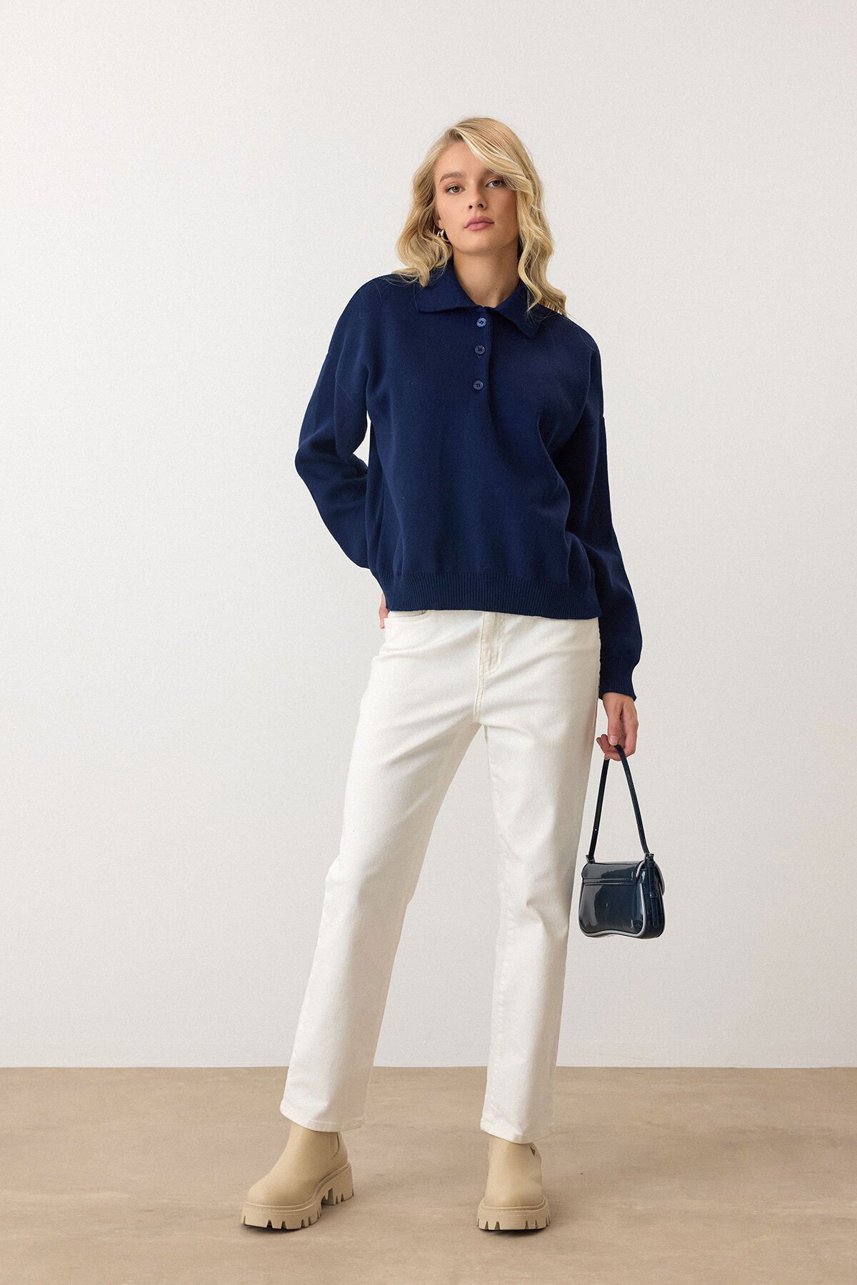 Lacivert Polo Yaka Düğmeli Triko Kazak