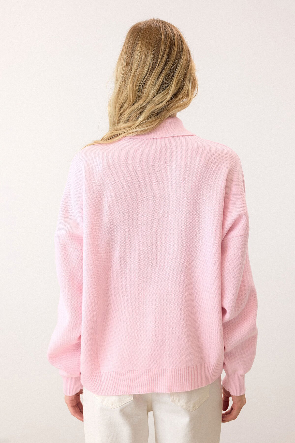 Pembe Polo Yaka Düğmeli Triko Kazak