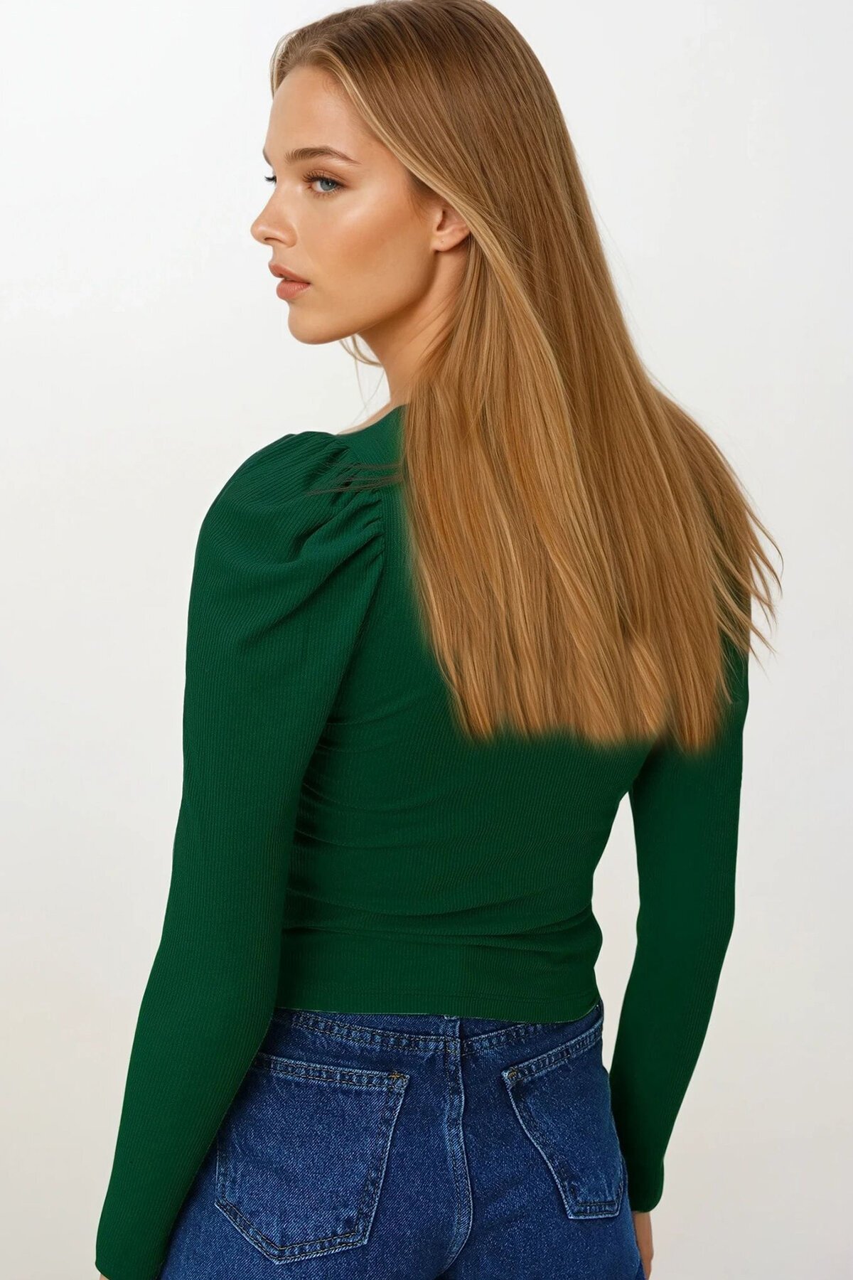 Zümrüt Yeşili Prenses Kol Yarım Balıkçı Kaşkorse Bluz