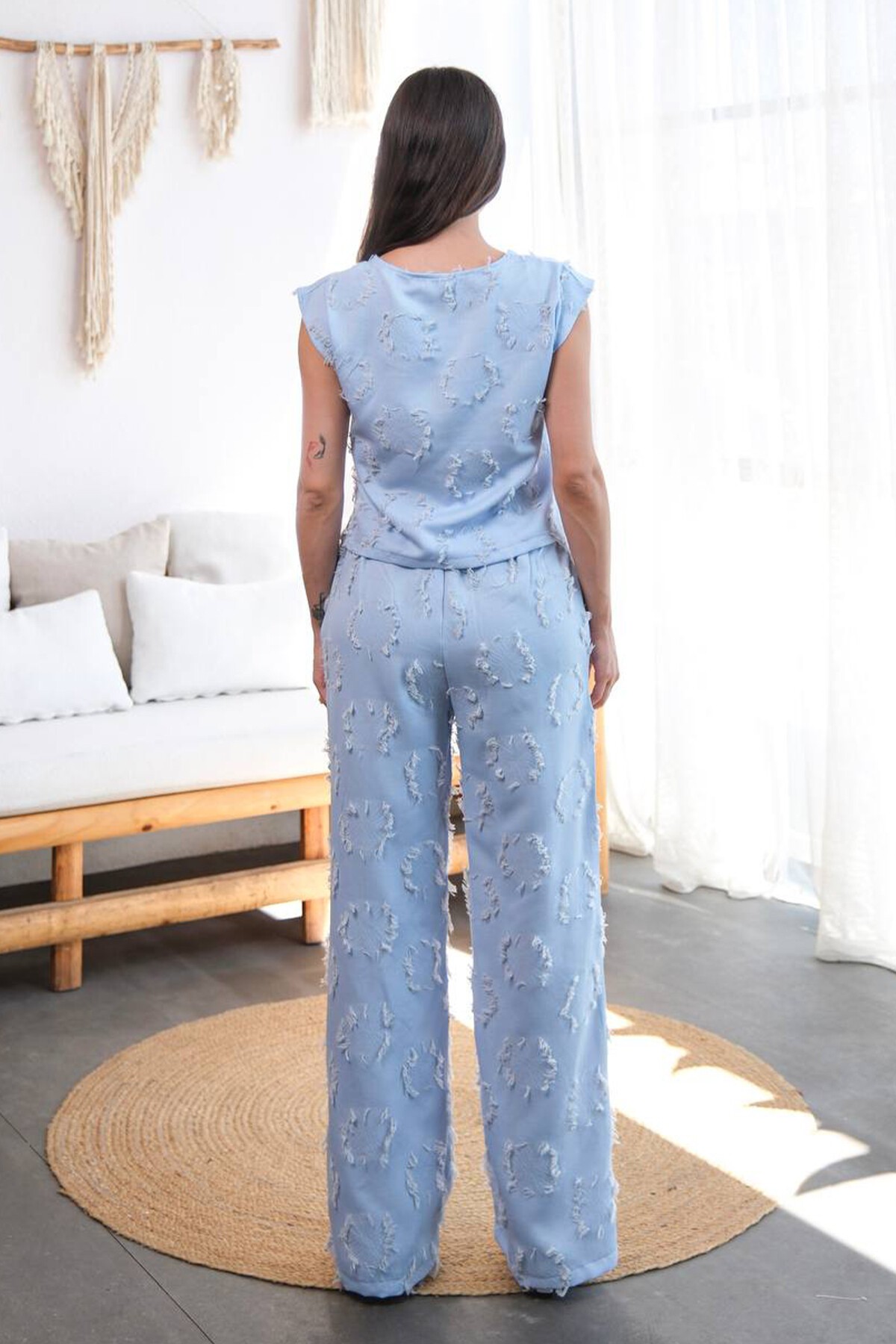 Bebe Mavi Püsküllü Bağlama Detaylı Bluz Ve Pantolon Takım