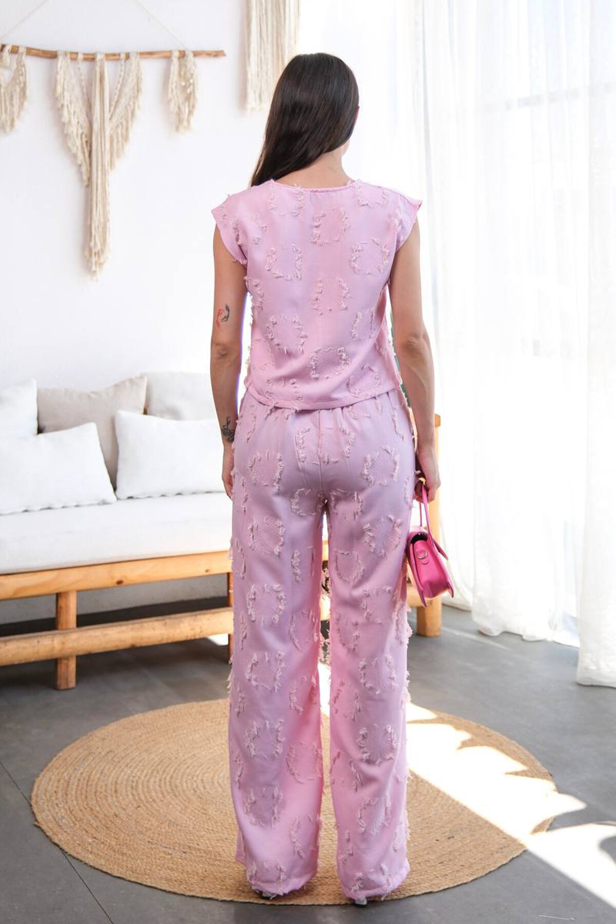 Pembe Püsküllü Bağlama Detaylı Bluz Ve Pantolon Takım