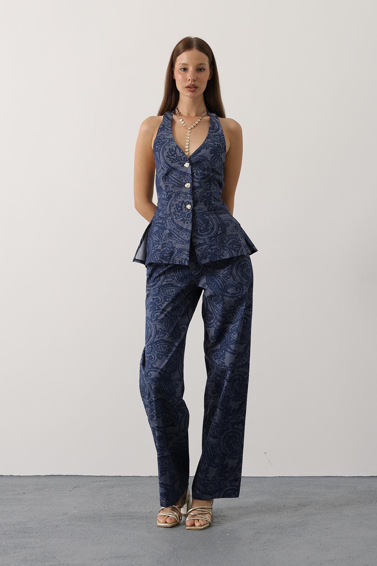 Lacivert Desenli Yelek Ve Pantolon Denim Takım