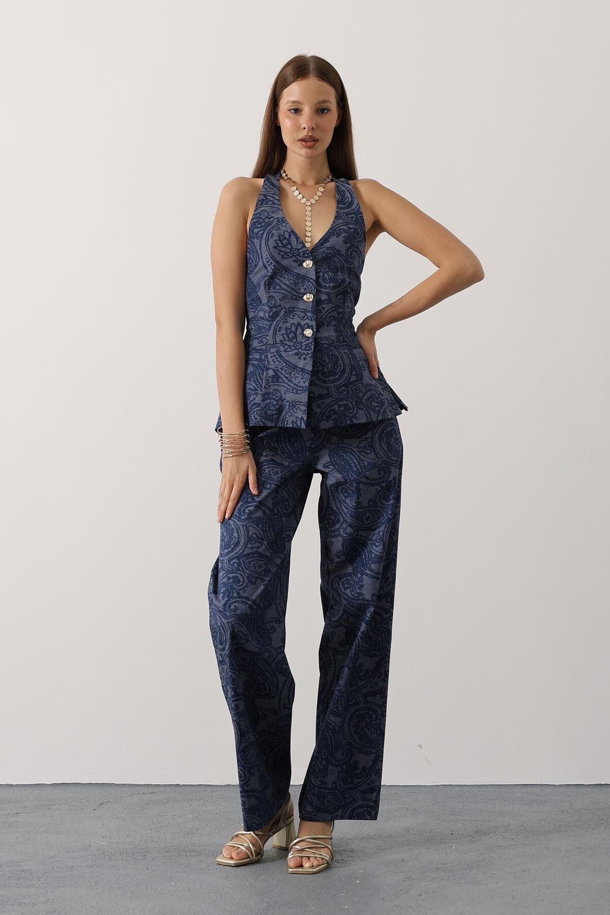 Lacivert Desenli Yelek Ve Pantolon Denim Takım