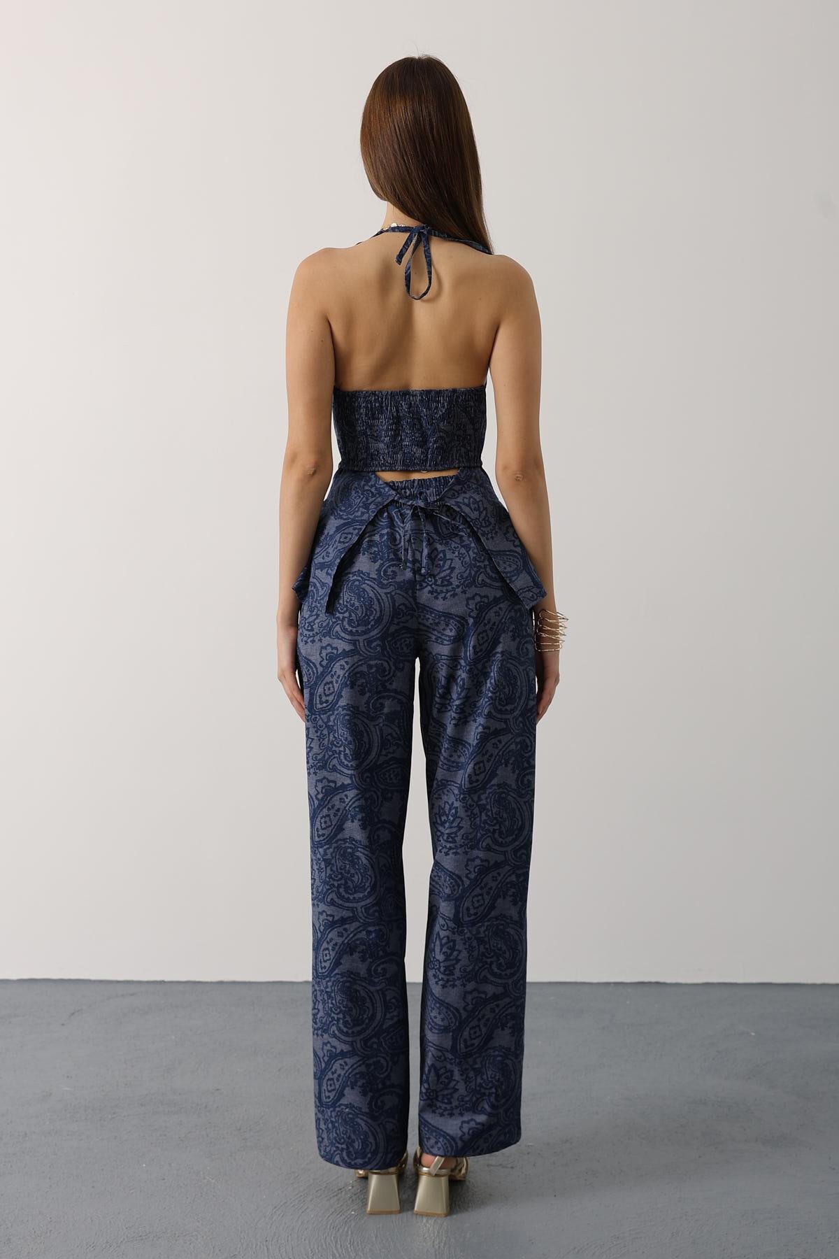 Lacivert Desenli Yelek Ve Pantolon Denim Takım