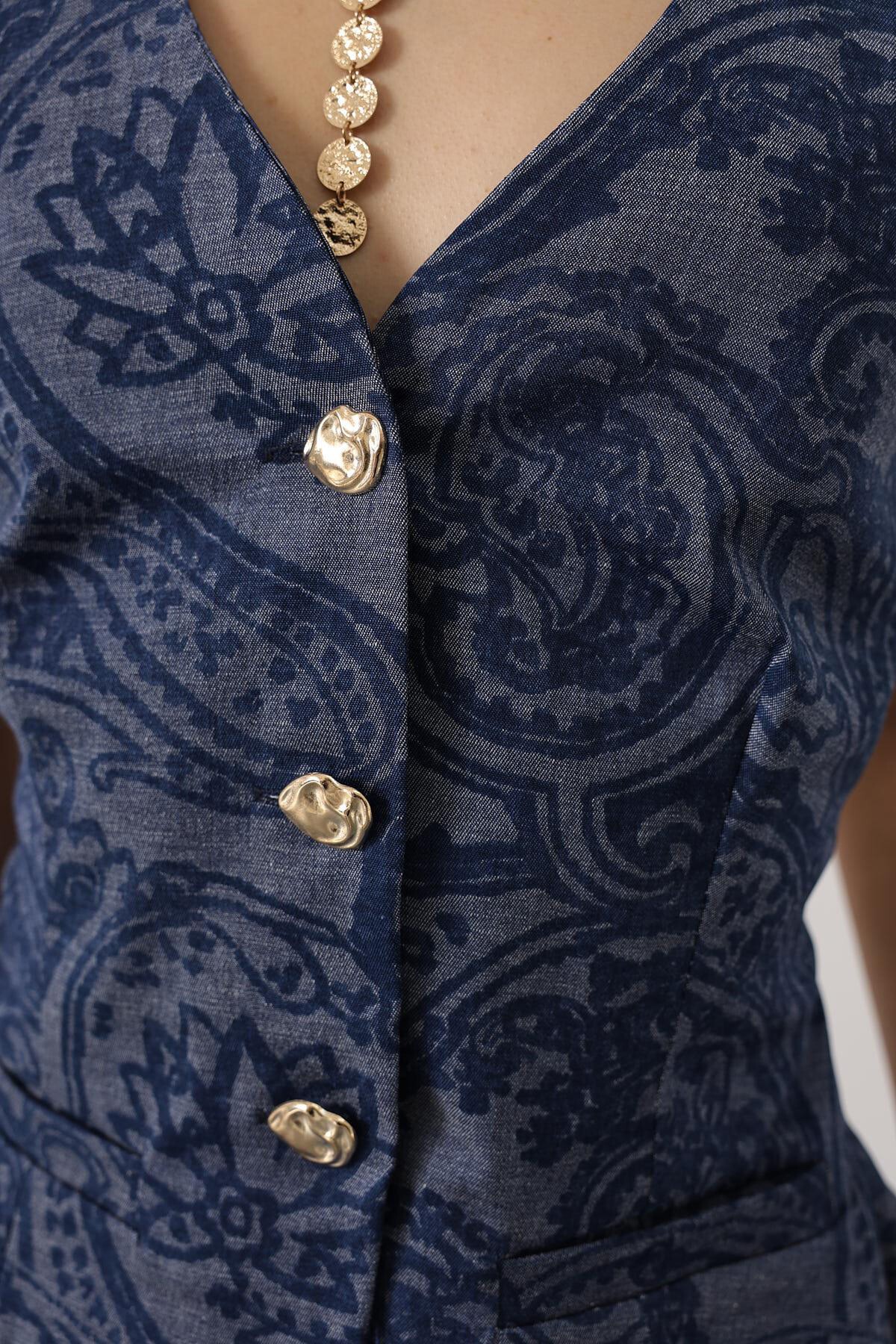 Lacivert Desenli Yelek Ve Pantolon Denim Takım