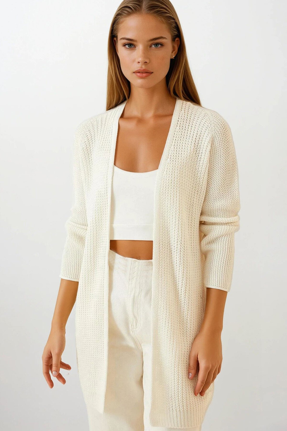 Ekru Salaş Kesim Selanik Örgü Basic Triko Hırka