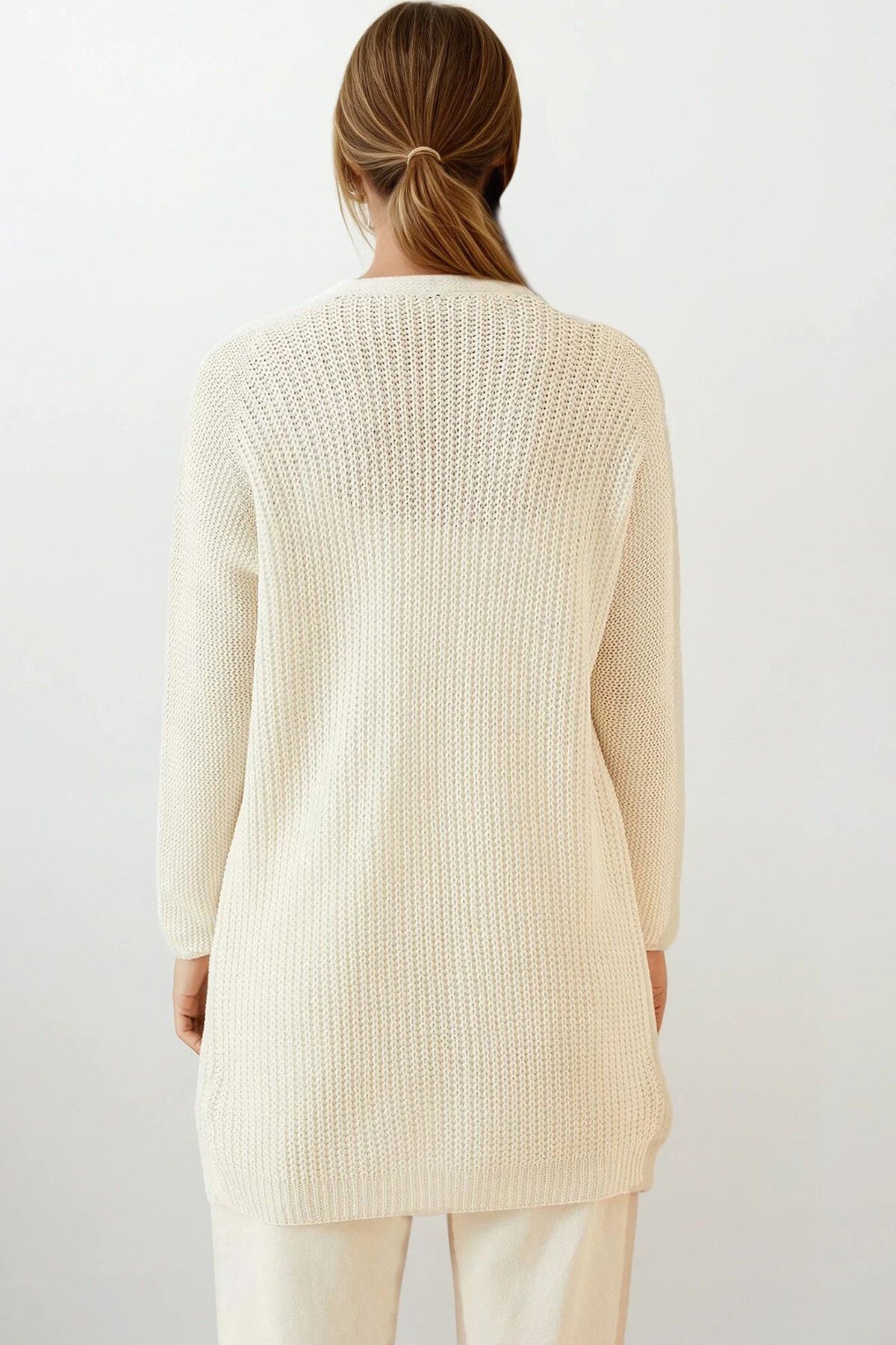 Ekru Salaş Kesim Selanik Örgü Basic Triko Hırka