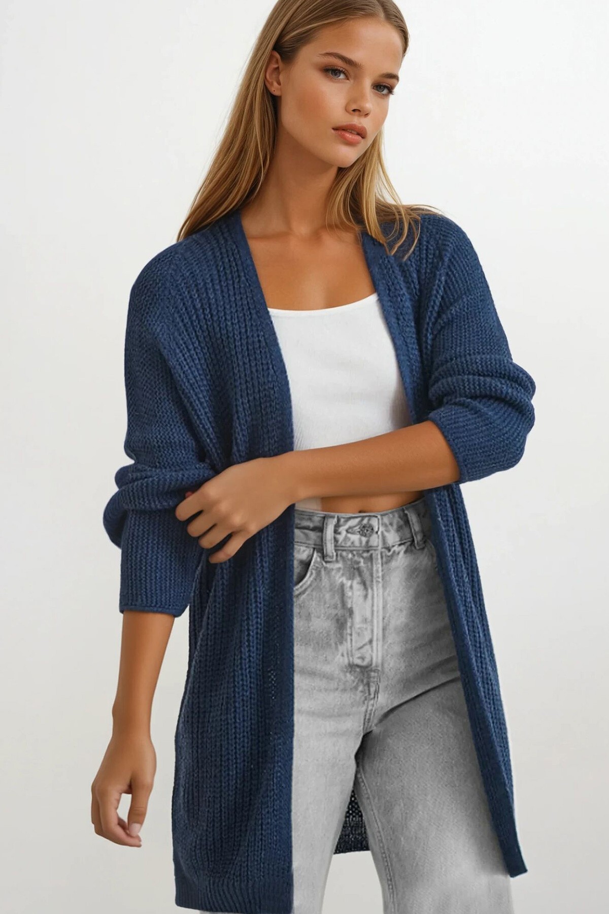 Lacivert Salaş Kesim Selanik Örgü Basic Triko Hırka