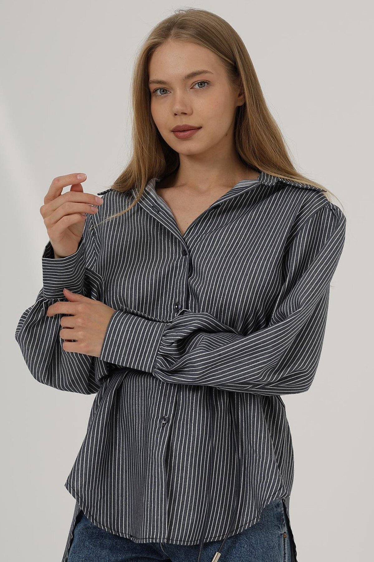 Lacivert Simli Çizgili İp Bağlamalı Oversize Gömlek