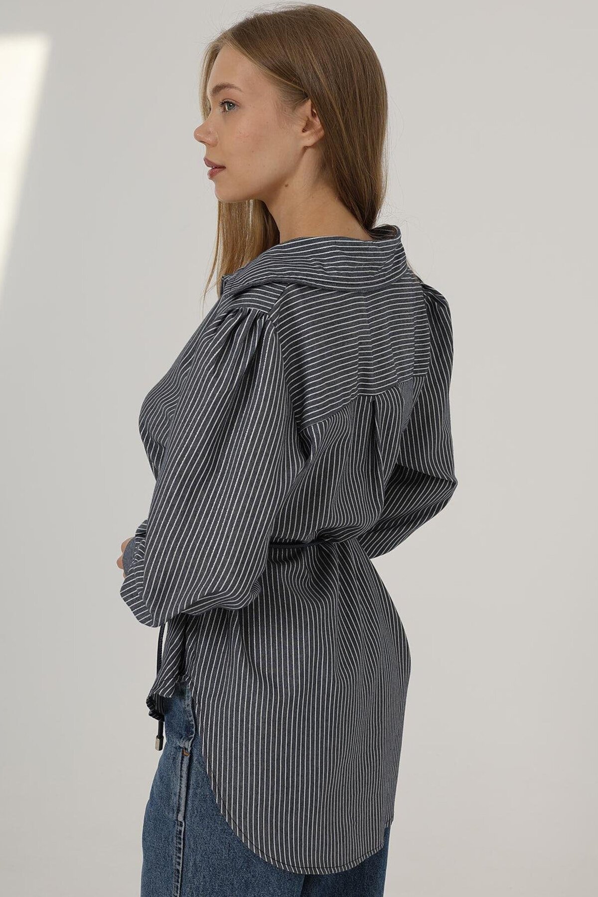 Lacivert Simli Çizgili İp Bağlamalı Oversize Gömlek