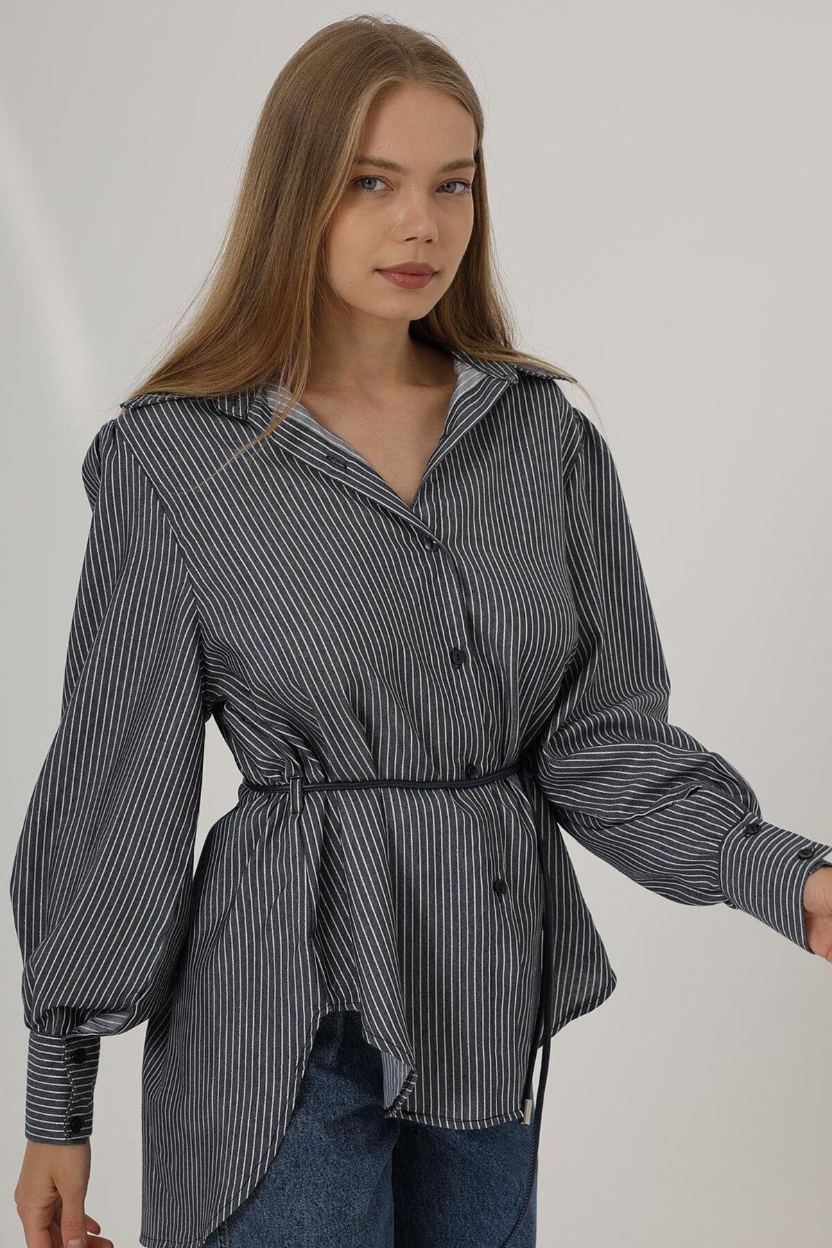 Lacivert Simli Çizgili İp Bağlamalı Oversize Gömlek