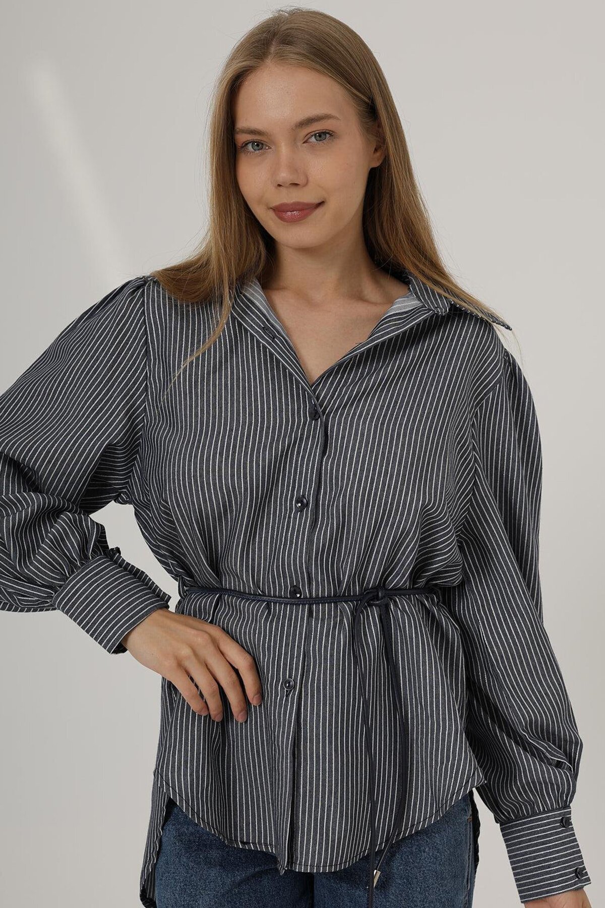 Lacivert Simli Çizgili İp Bağlamalı Oversize Gömlek