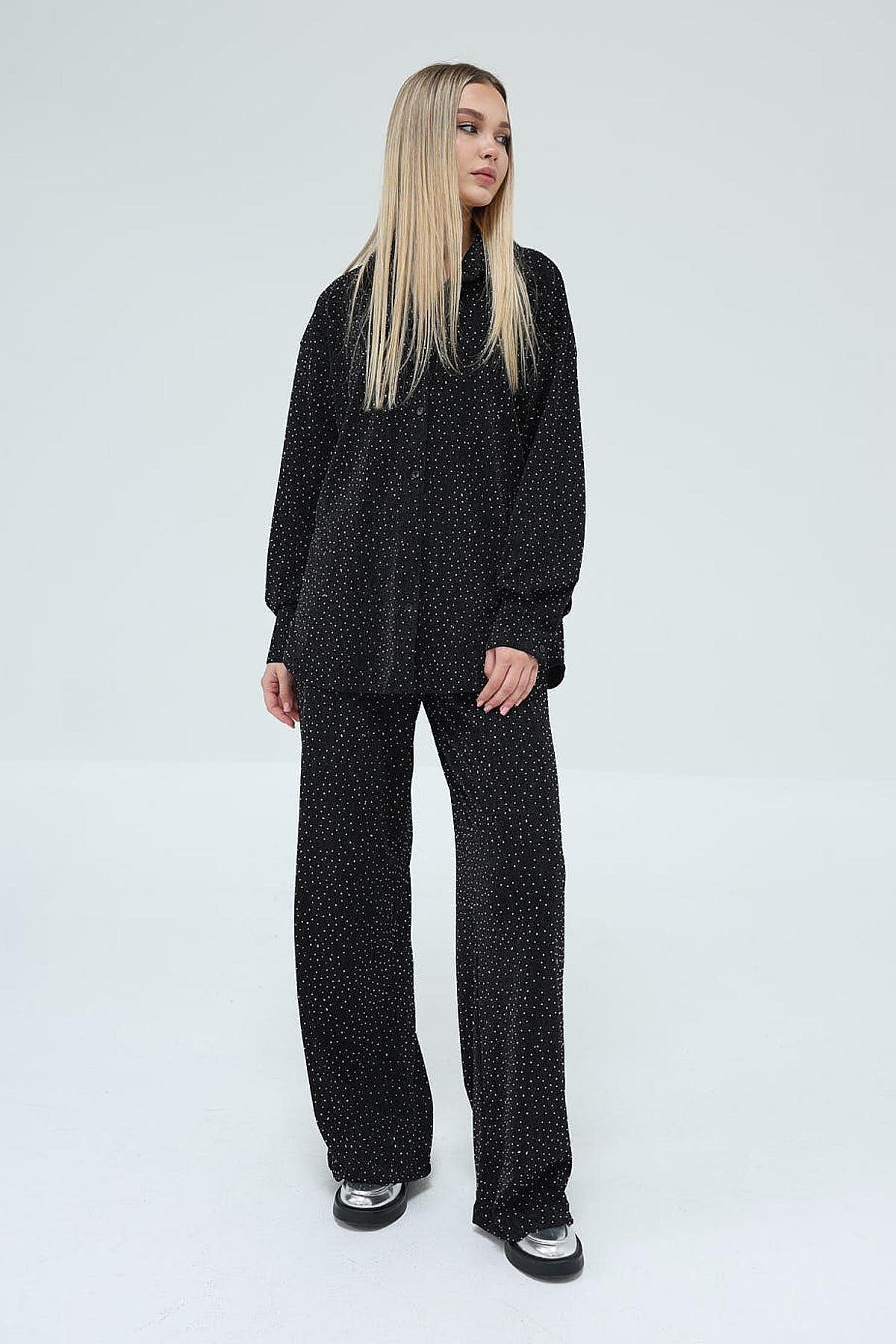 Siyah Taş İşlemeli Oversize Gömlek Ve Palazzo Pantolon Takım