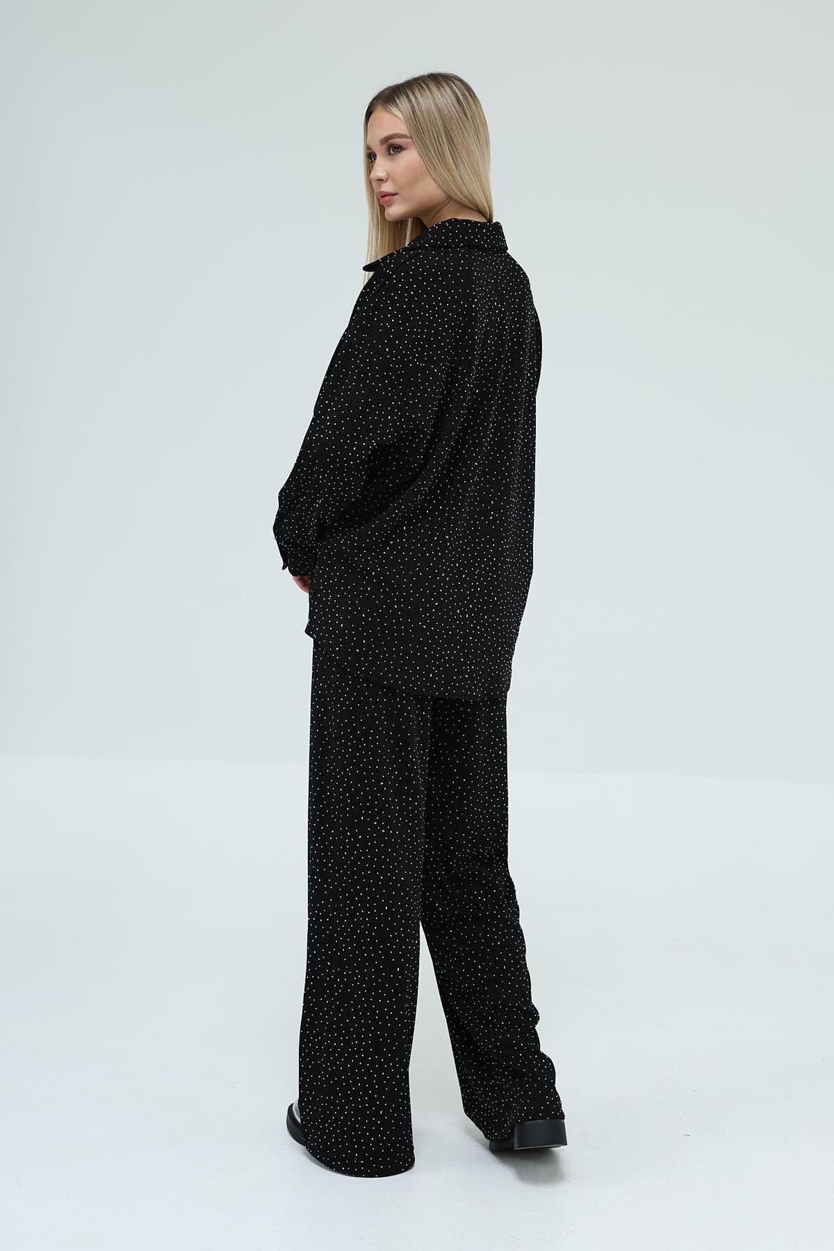 Siyah Taş İşlemeli Oversize Gömlek Ve Palazzo Pantolon Takım