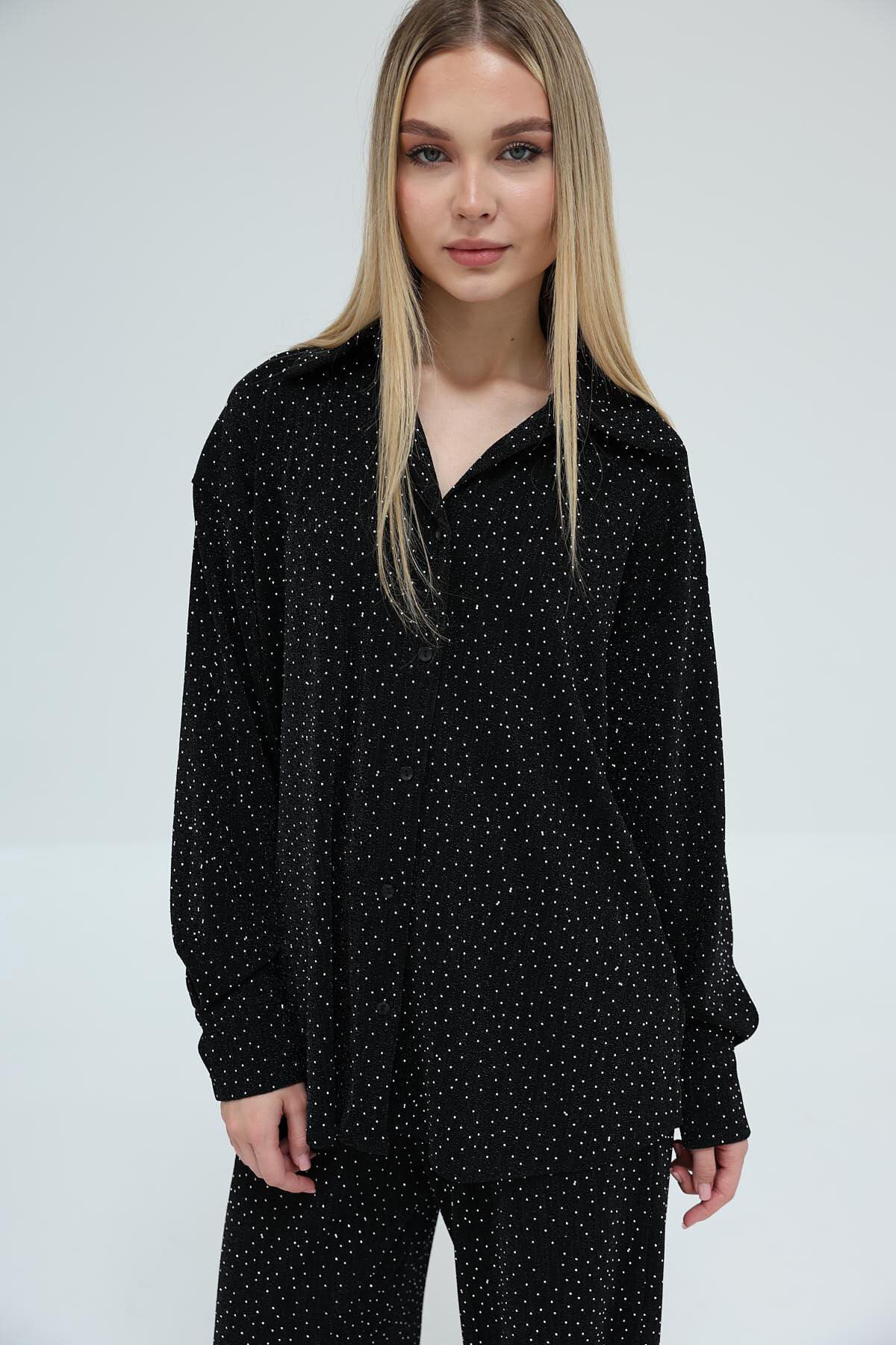 Siyah Taş İşlemeli Oversize Gömlek Ve Palazzo Pantolon Takım