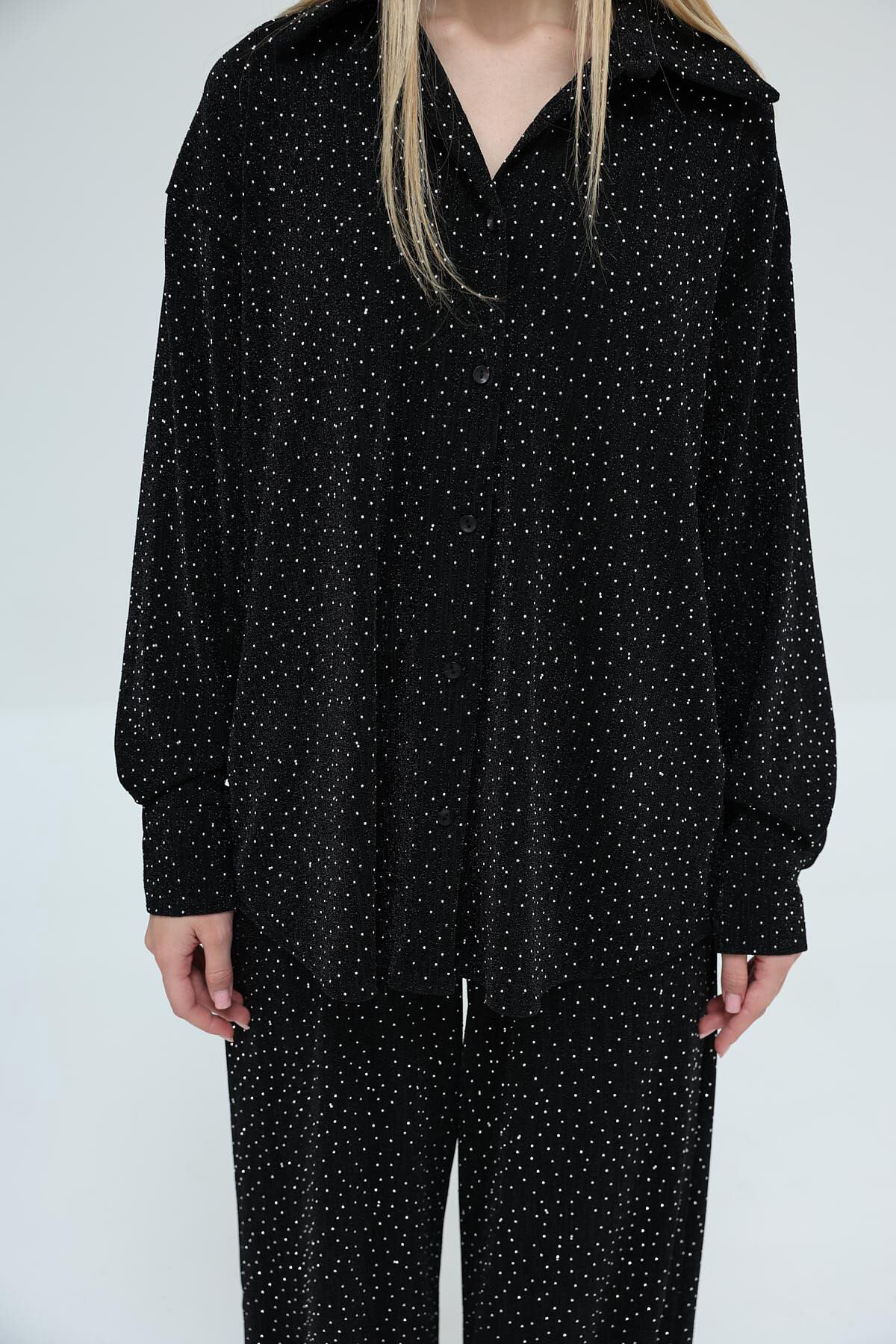 Siyah Taş İşlemeli Oversize Gömlek Ve Palazzo Pantolon Takım