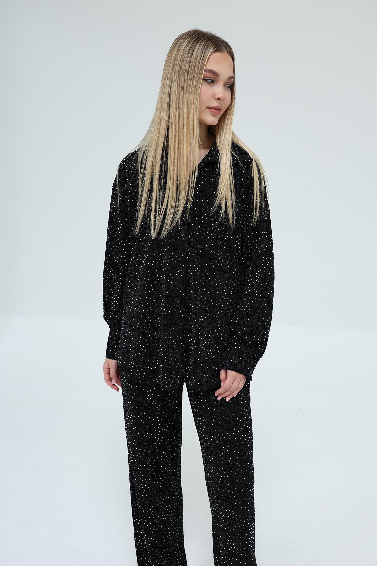 Siyah Taş İşlemeli Oversize Gömlek Ve Palazzo Pantolon Takım