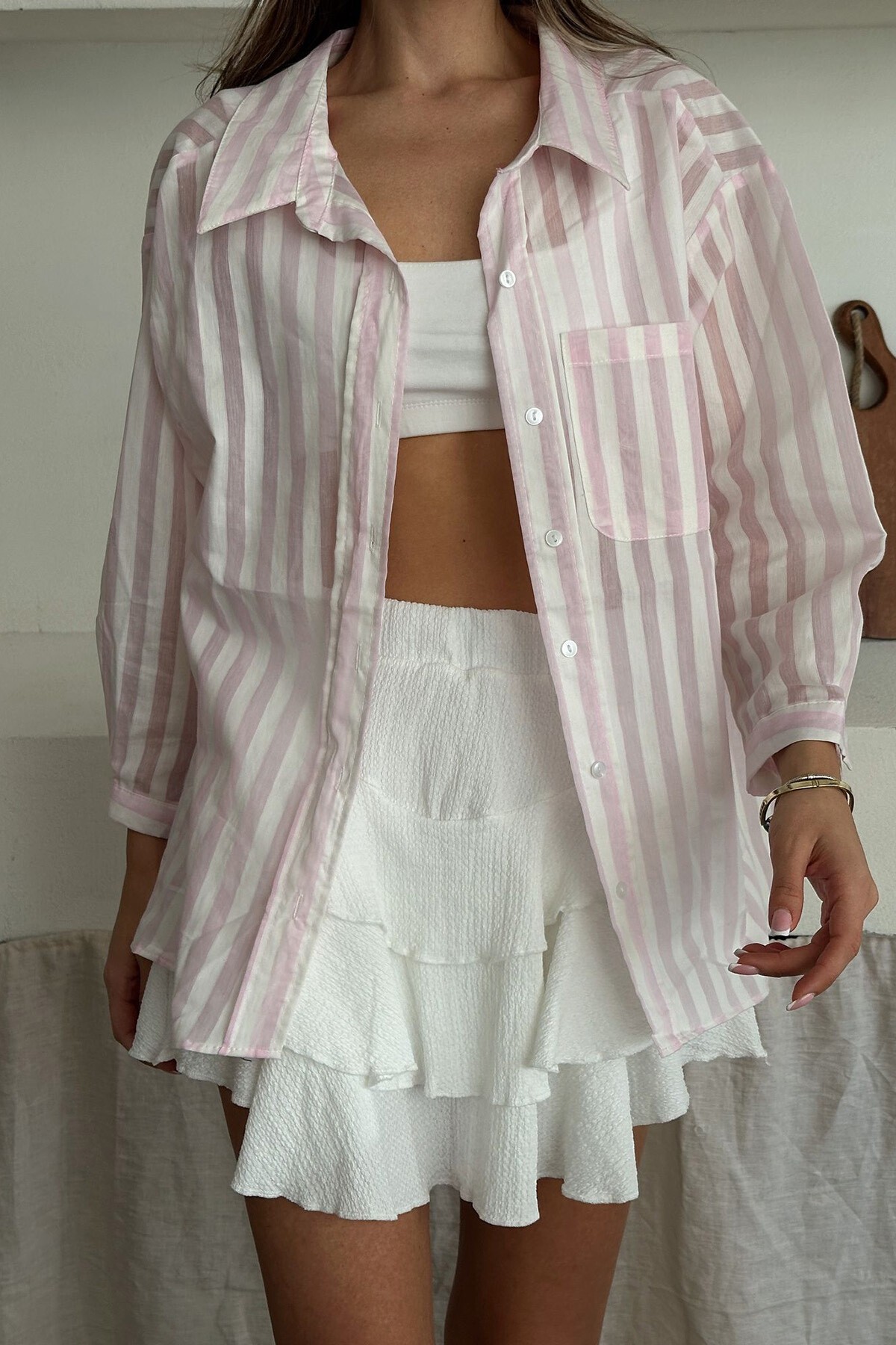 Pembe Tek Cepli Çizgili Oversize Gömlek