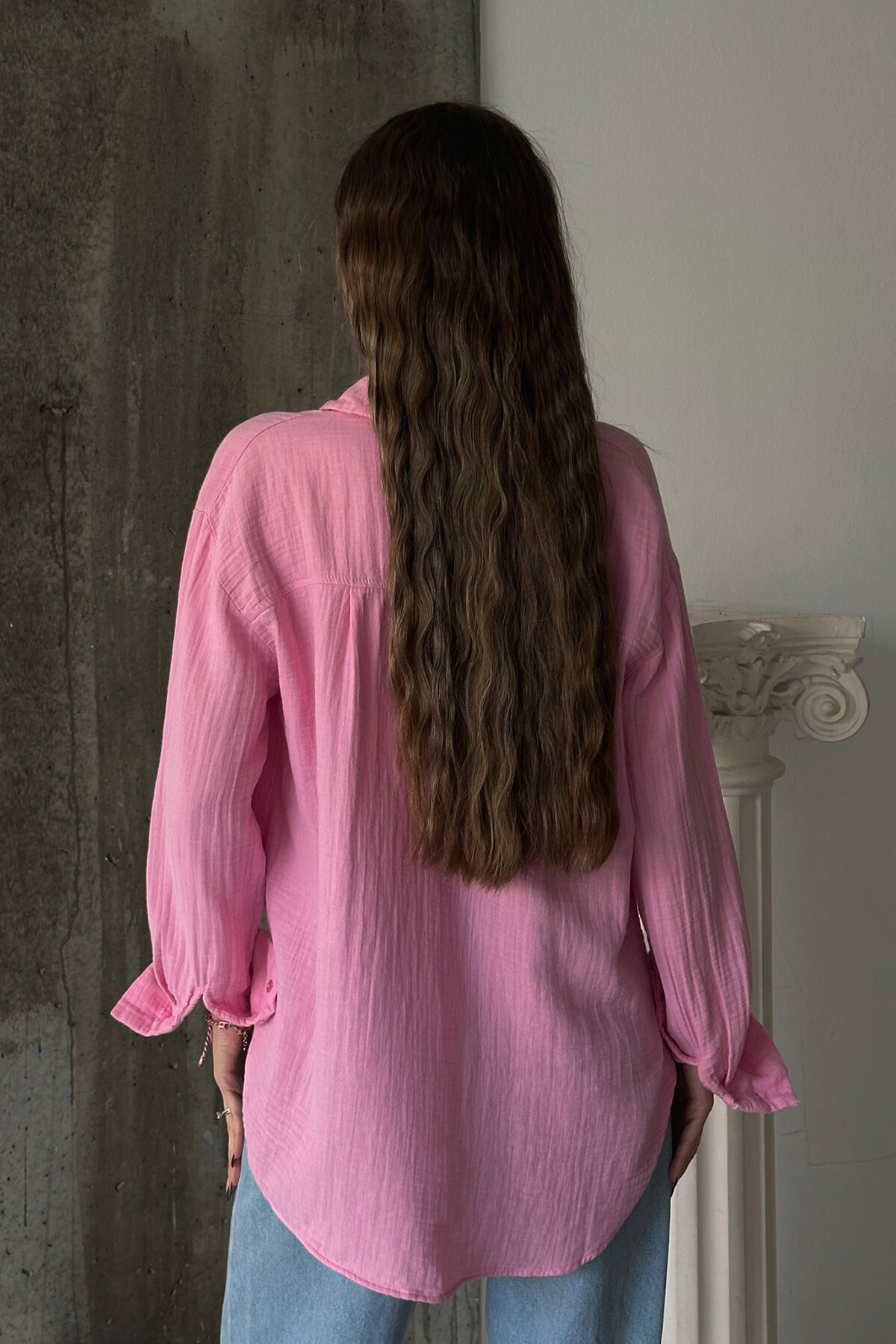 Pembe Tek Cepli Oversize Müslin Gömlek