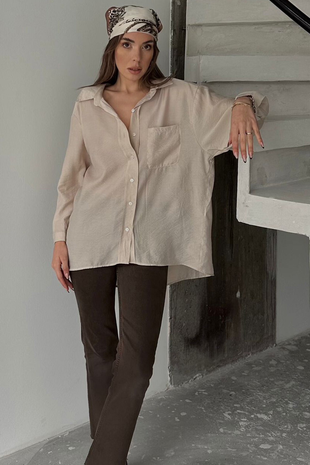 Bej Tek Cepli Uzun Kol Oversize Gömlek